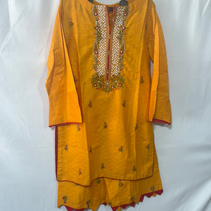 Girls cotton mustard suit with trouser- Areeba's Couture