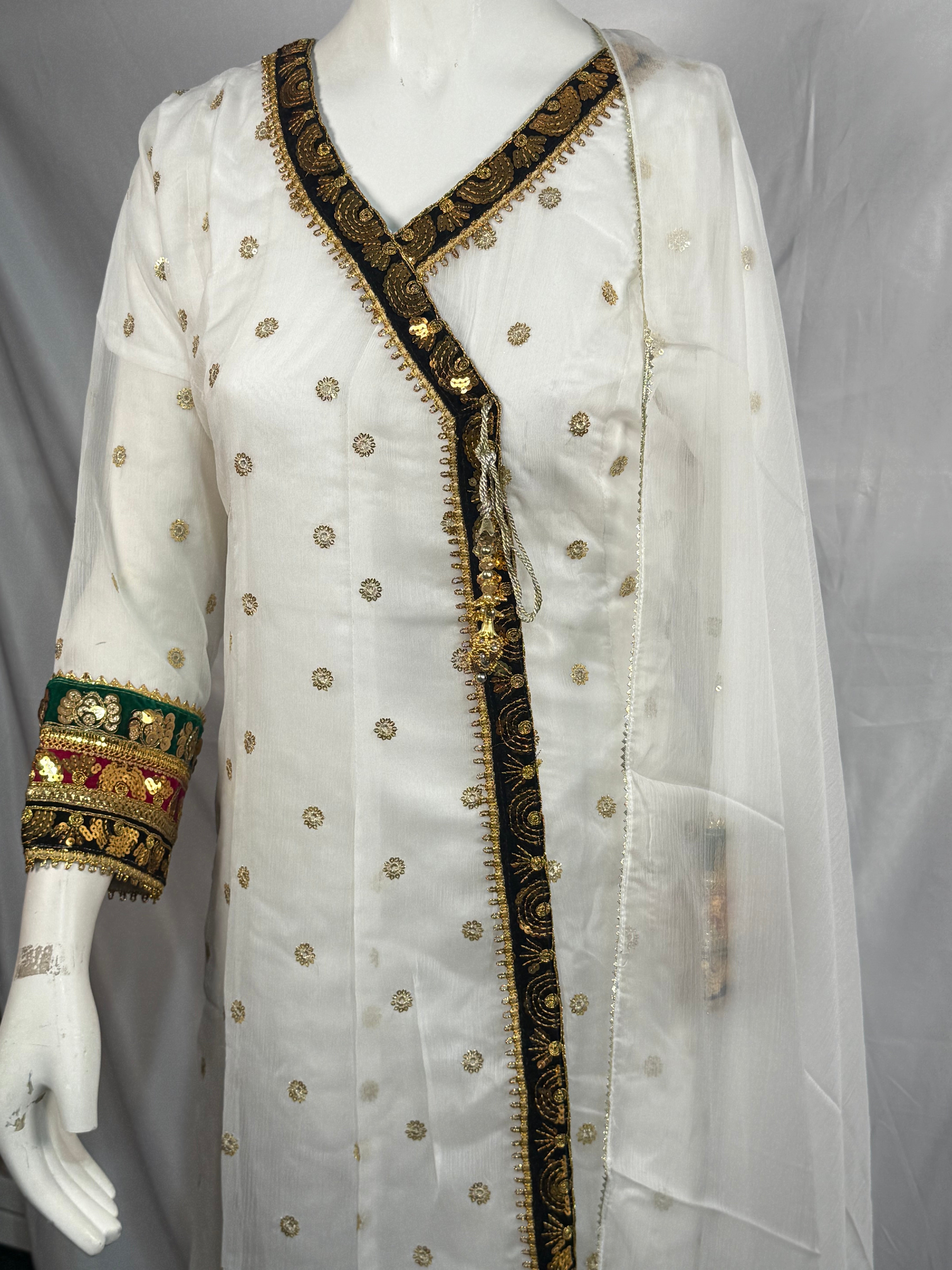 Ladies White Chiffon Angrakah Style 3 Pcs Suit With Embroidery On Shirt (Last-03)