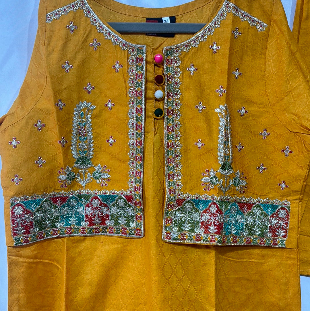 Mustard cotton koti style shirt trouser with embroidery