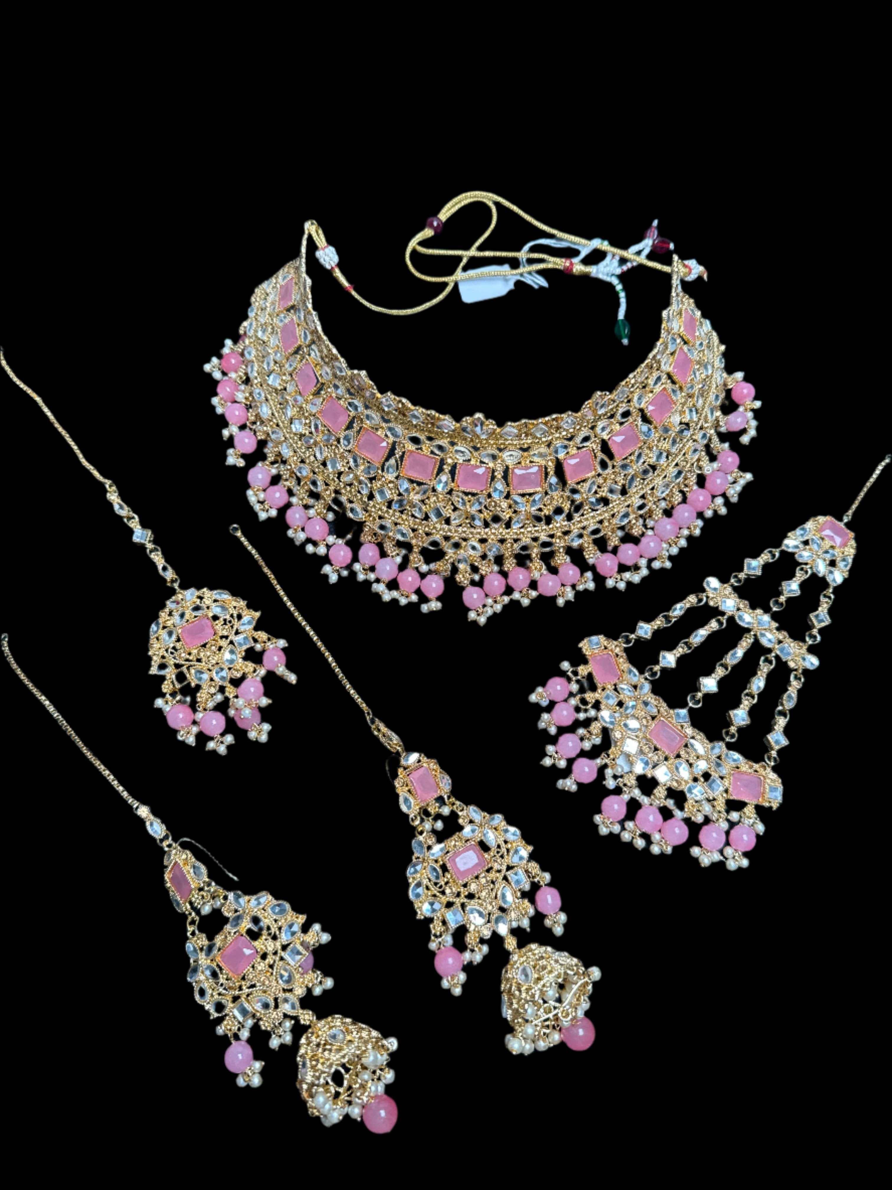 Gold colour Jewellery set with necklace, Jhumar. earrings and bindi with dusty pink pearls -JS46