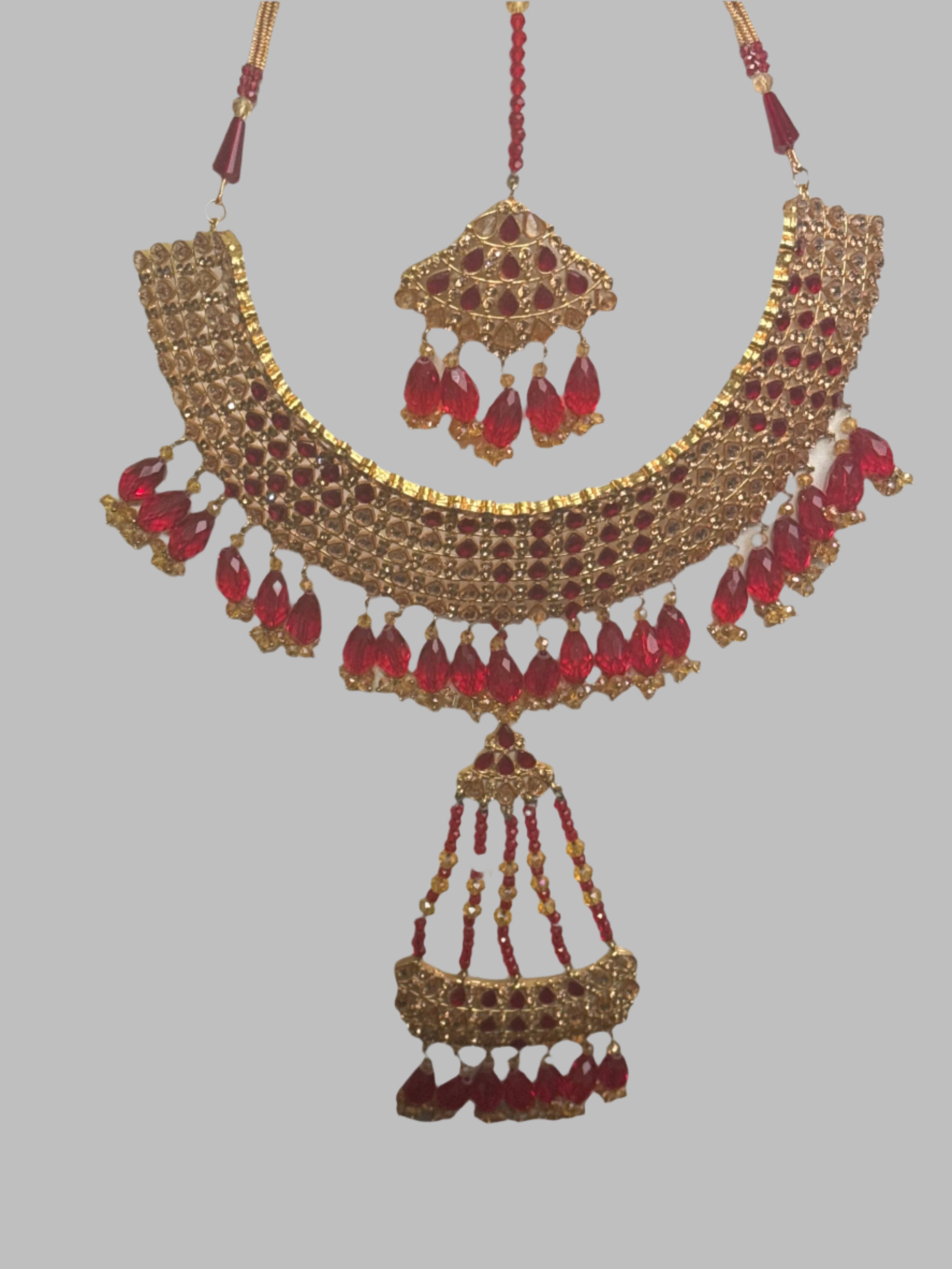 Gold colour Jewellery set with necklace, Jhumar. earrings and bracelet -JS43