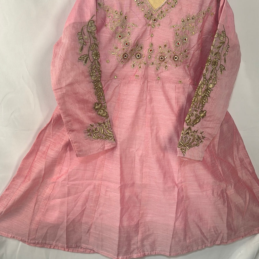Girls pink cotton frock dress with gold trouser- Areeba's Couture