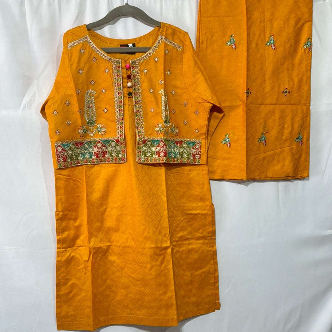 Mustard cotton koti style shirt trouser with embroidery