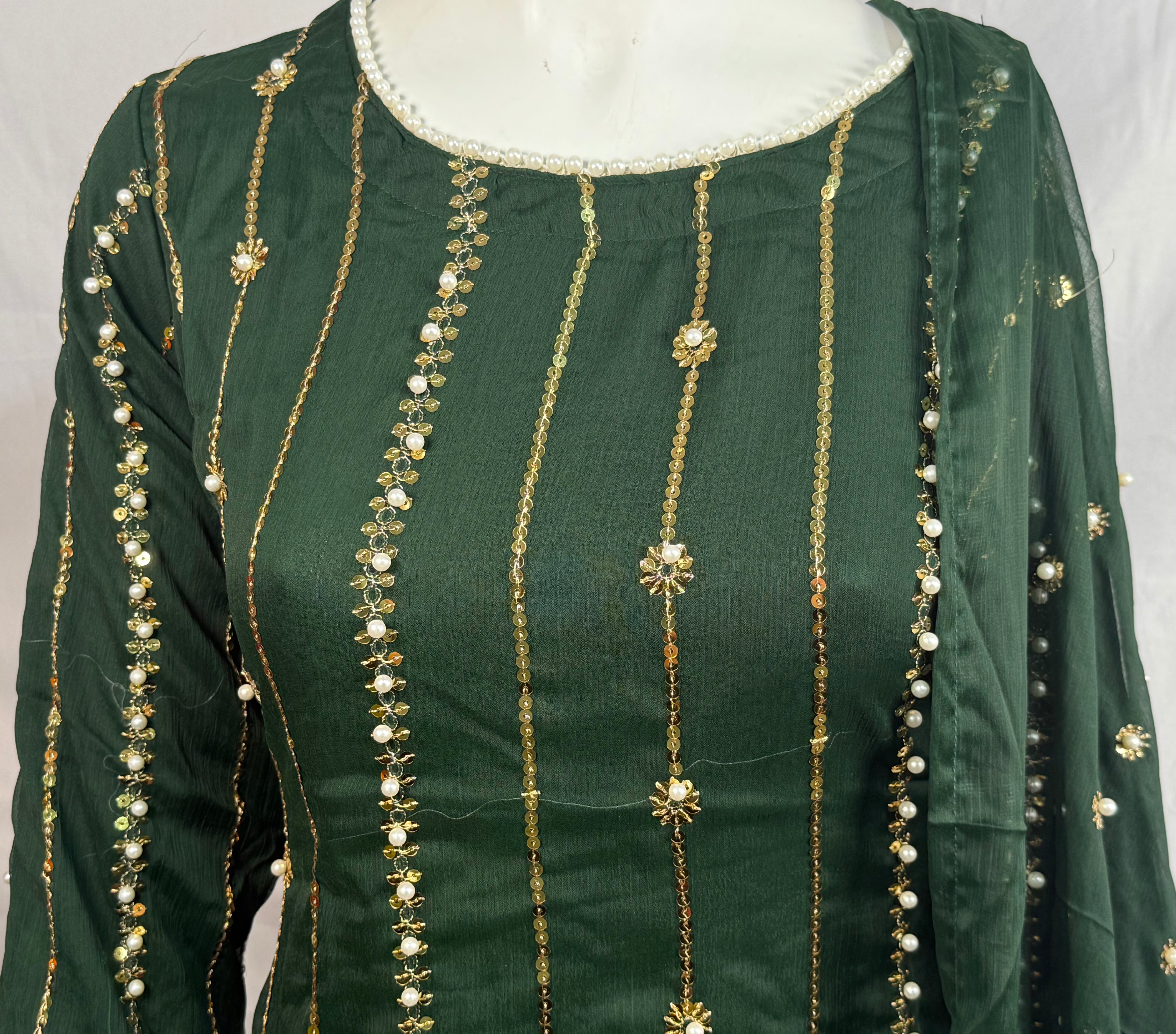 Ladies 3 Pcs Bottle Green Garara Set With Embroidery And Beads Work (Including Shirt, Garara And Duptta ) Lgs-7