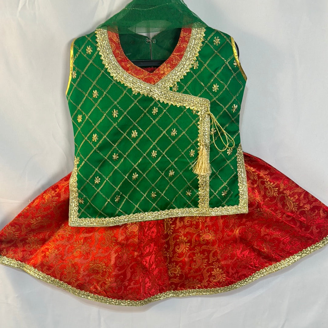 Girls Pakistani lengha set in green and red colour  sb- Areeba's Couture