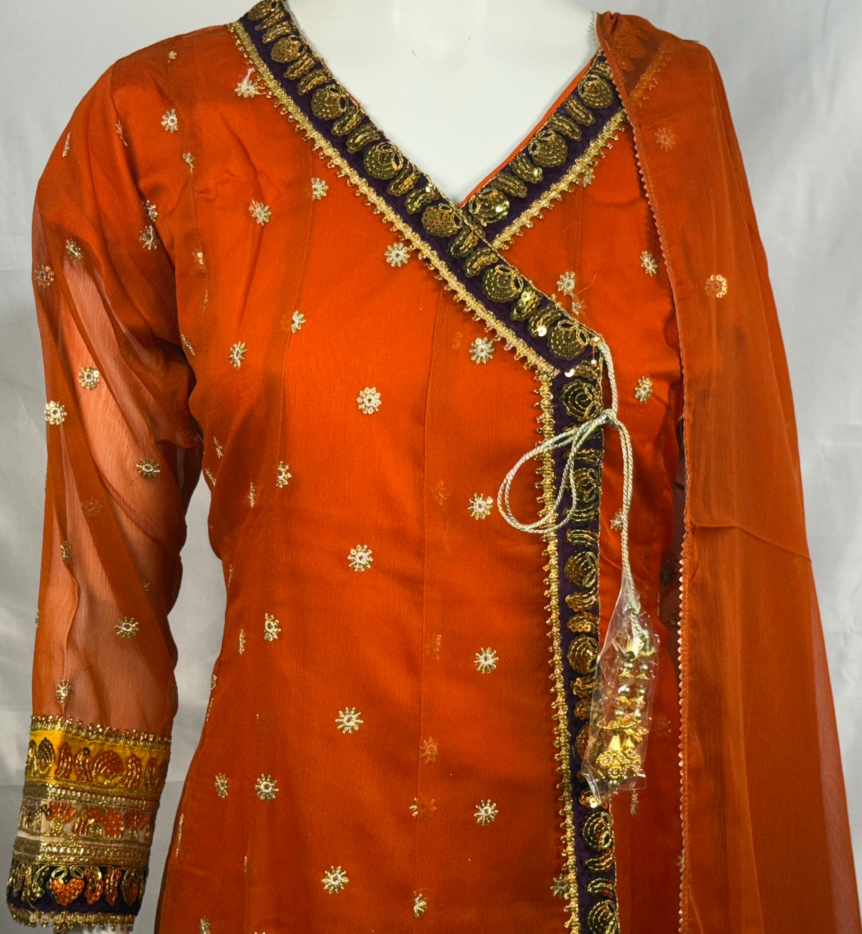 Ladies Orange Chiffon Angrakah Style 3 Pcs Suit With Embroidery On Shirt (Last-01)