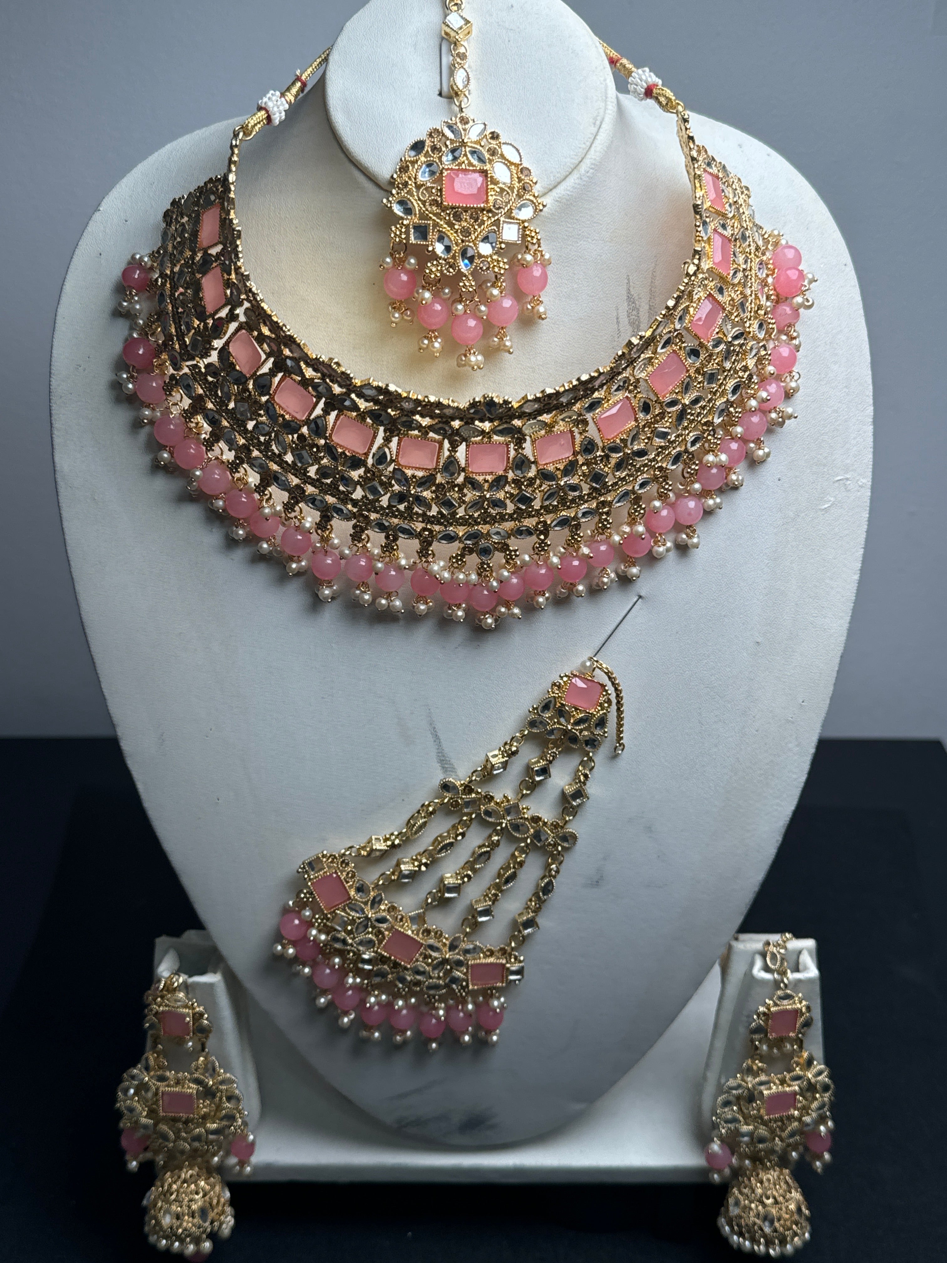 Gold colour Jewellery set with necklace, Jhumar. earrings and bindi with dusty pink pearls -JS46