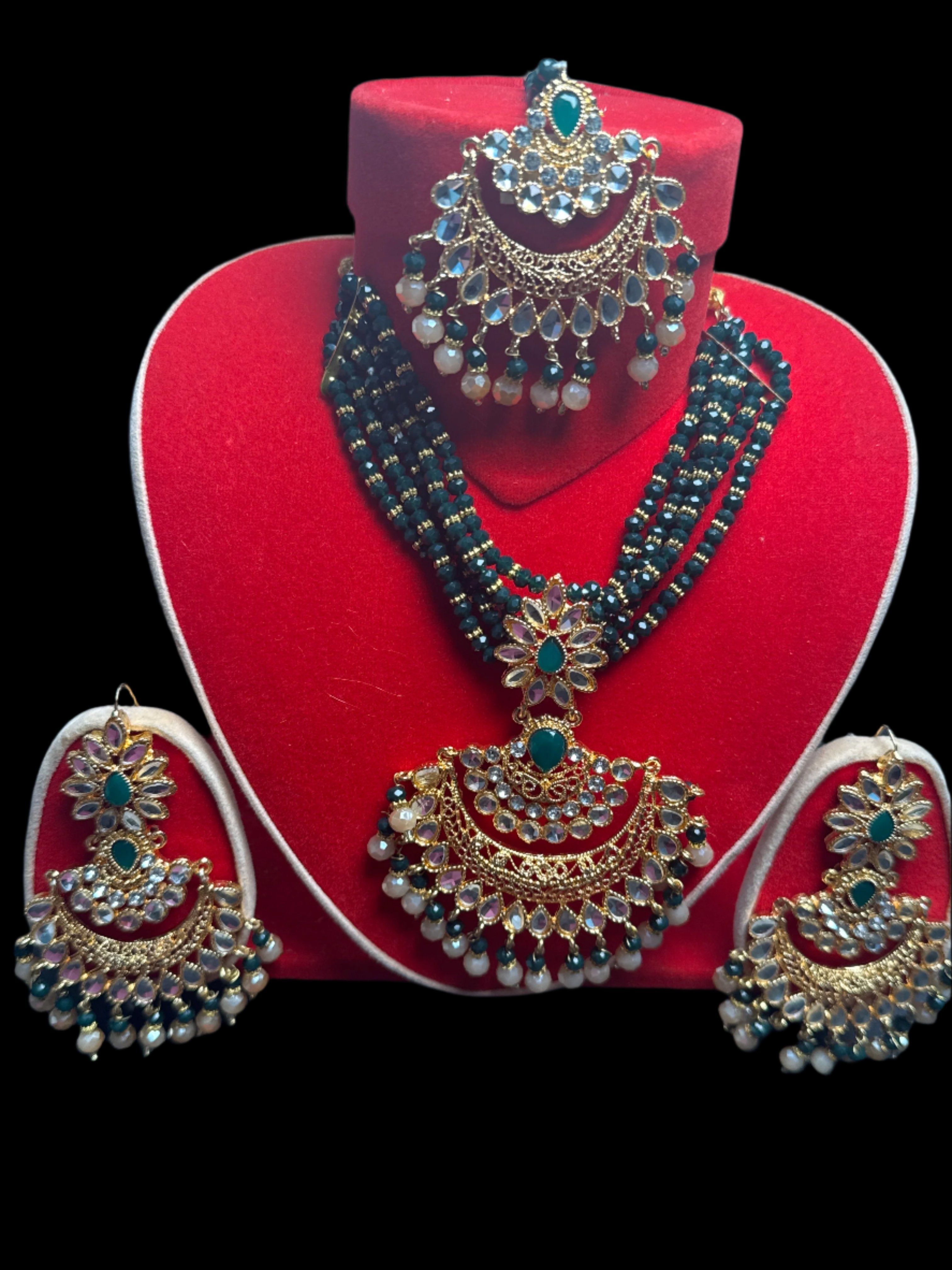 Gold colour Jewellery set with necklace,  earrings and Teeka  with dark green & white pearls  -KS3