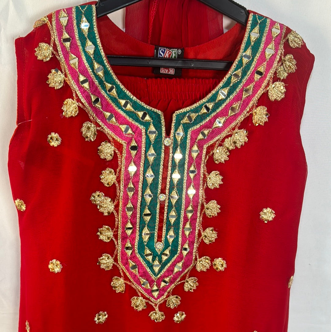 Girls red Garara set with embellishments collection D3- Areeba's Couture