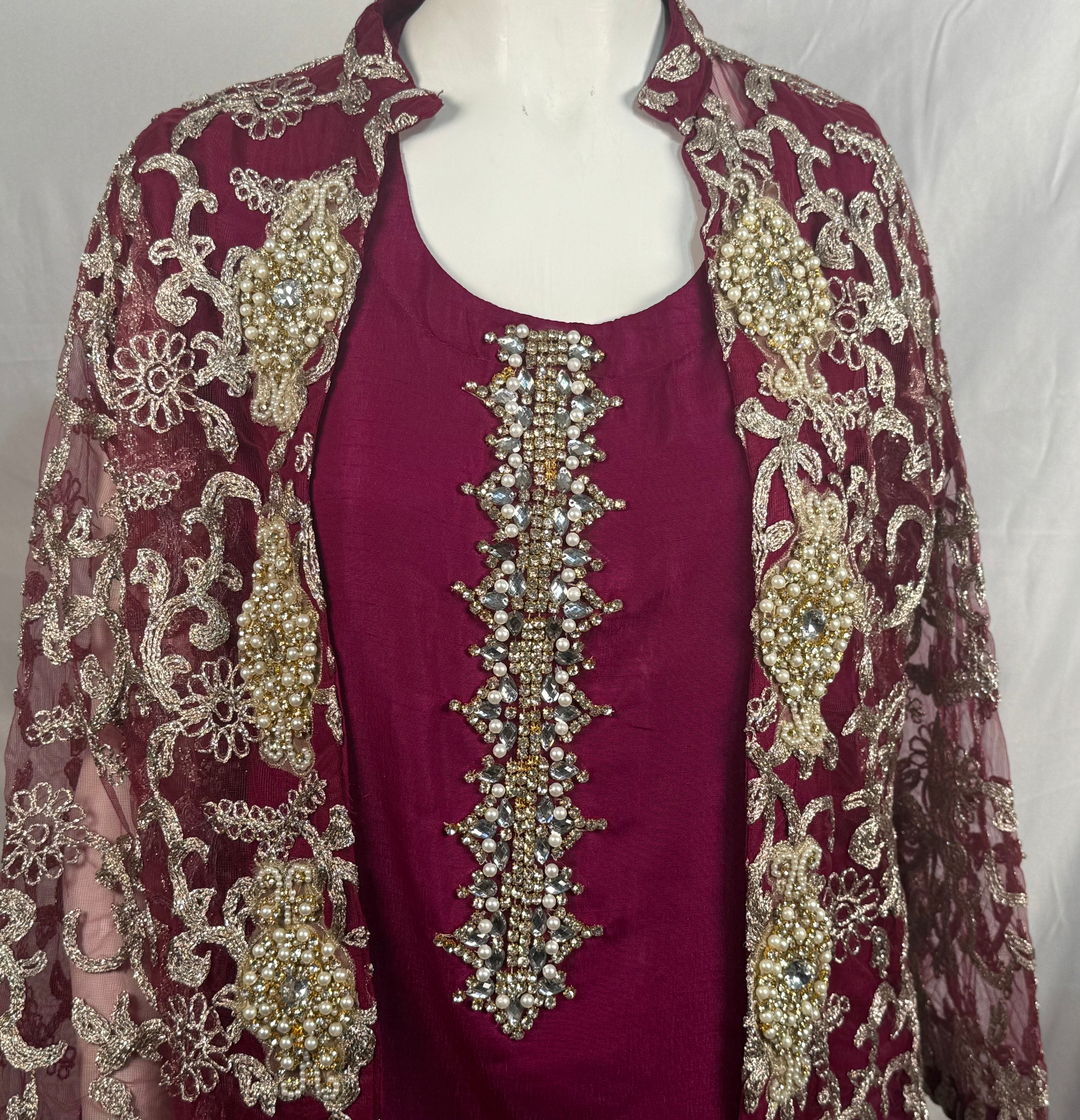 Ladies Net Gown Style Suit In Plum Colour With Heavy Work 4 Pcs