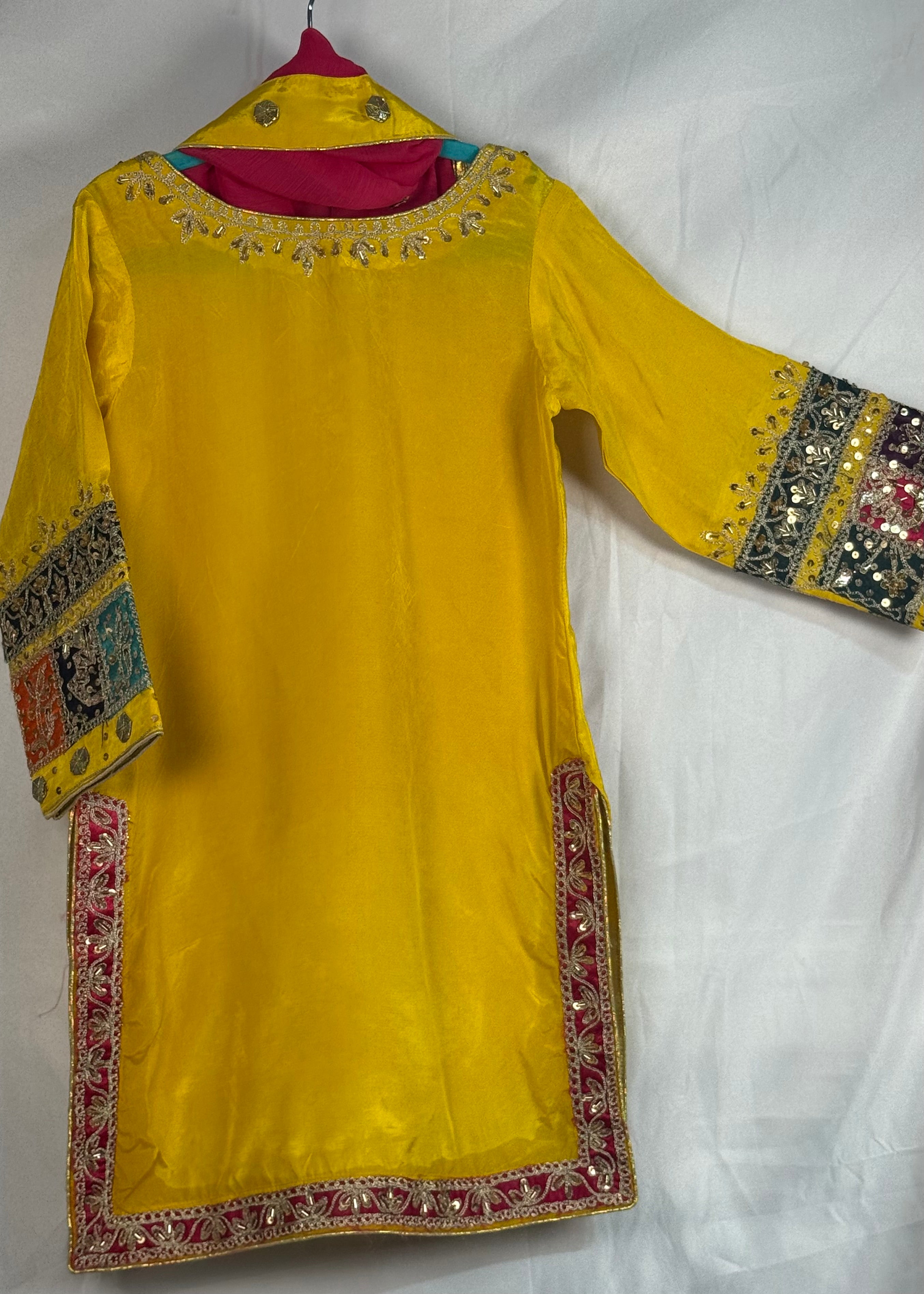 Girls Mehndi Suit Three Piece Embellished Work Pakistani Outfit with Embroidered Shirt & Plazoo Trouser for Sensitive Skin