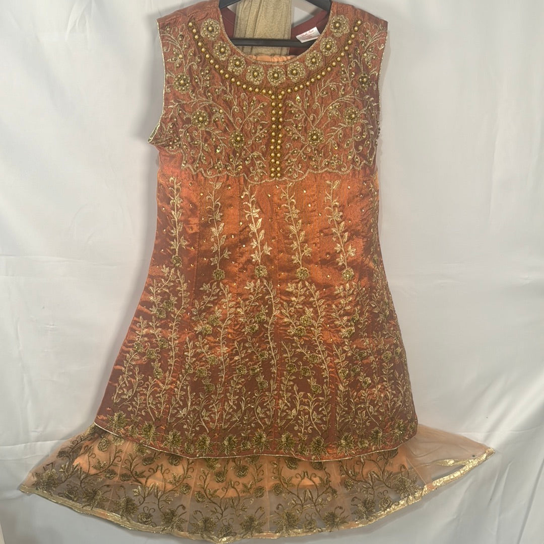 Peach pink net lengha with embellishments top