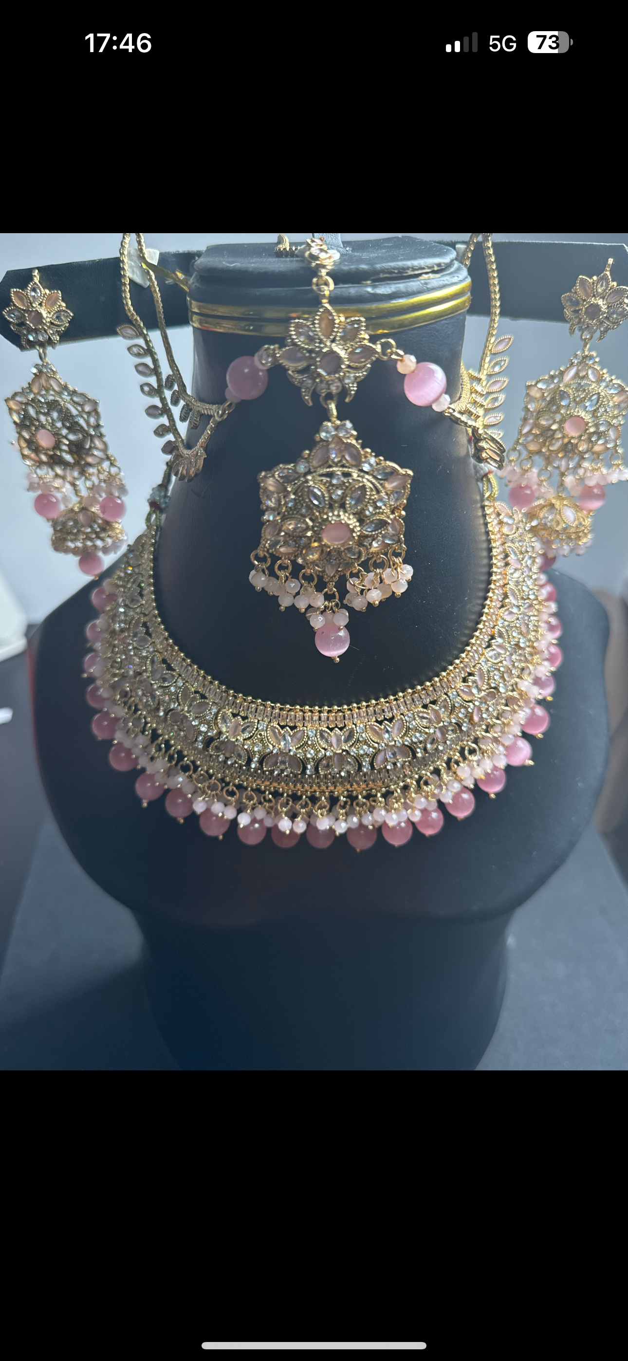 Gold colour Jewellery set with necklace,  earrings and Matha pitti with pink pearls  -JS45