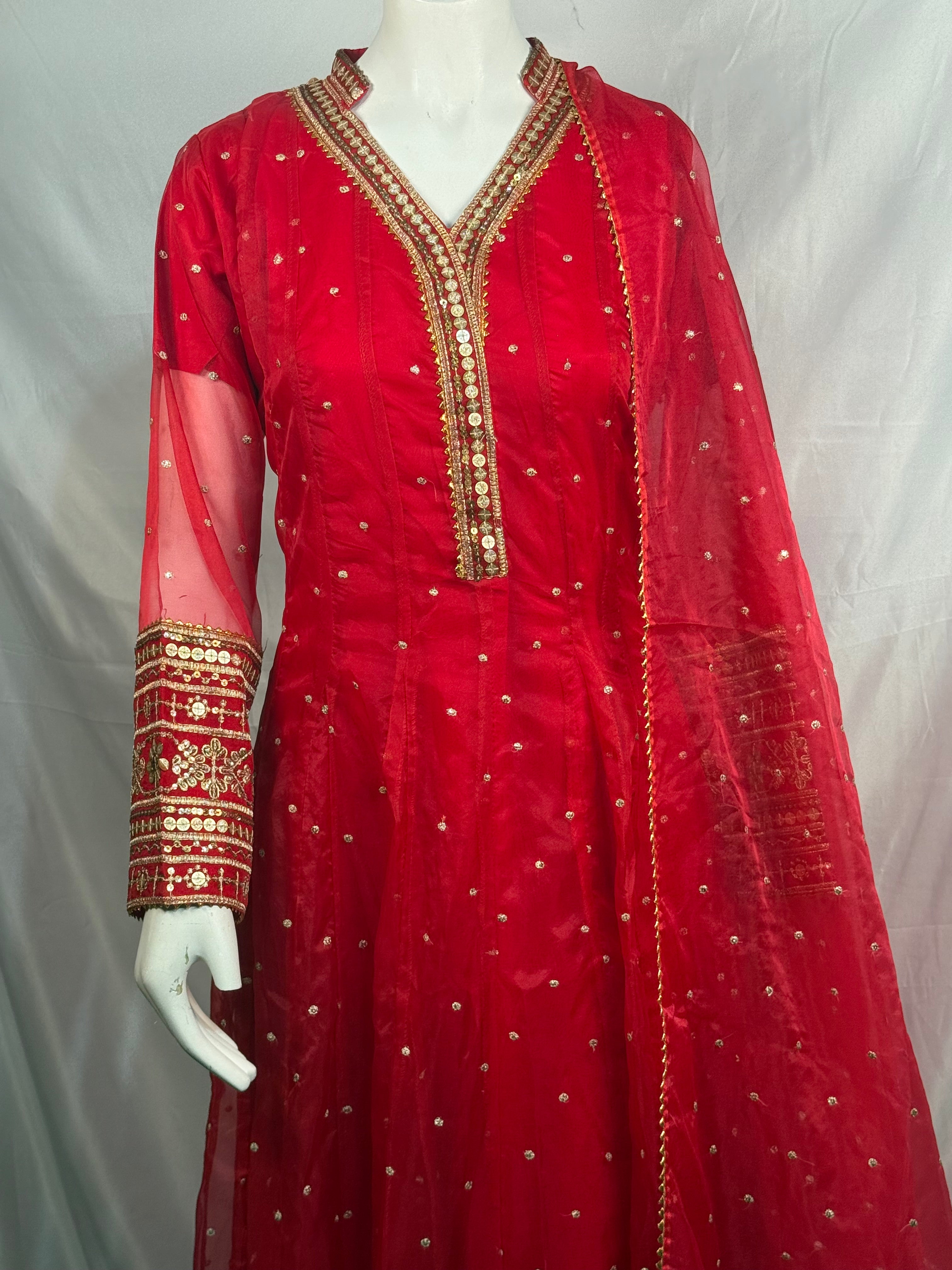 Ladies Red Long Maxi 3 Pcs Suit With Embroidery And Sequence Work On Shirt (Ls-01)