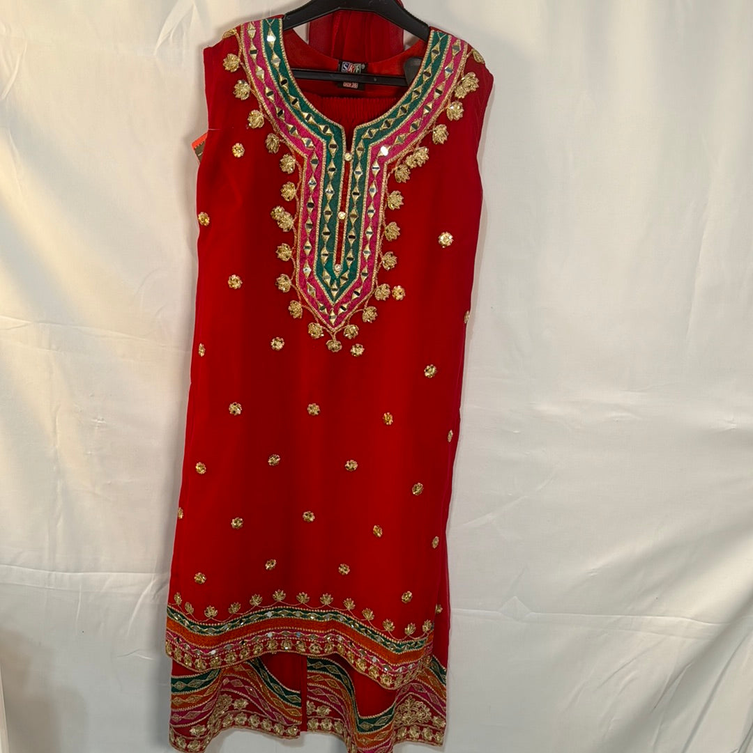 Girls red Garara set with embellishments collection D3- Areeba's Couture