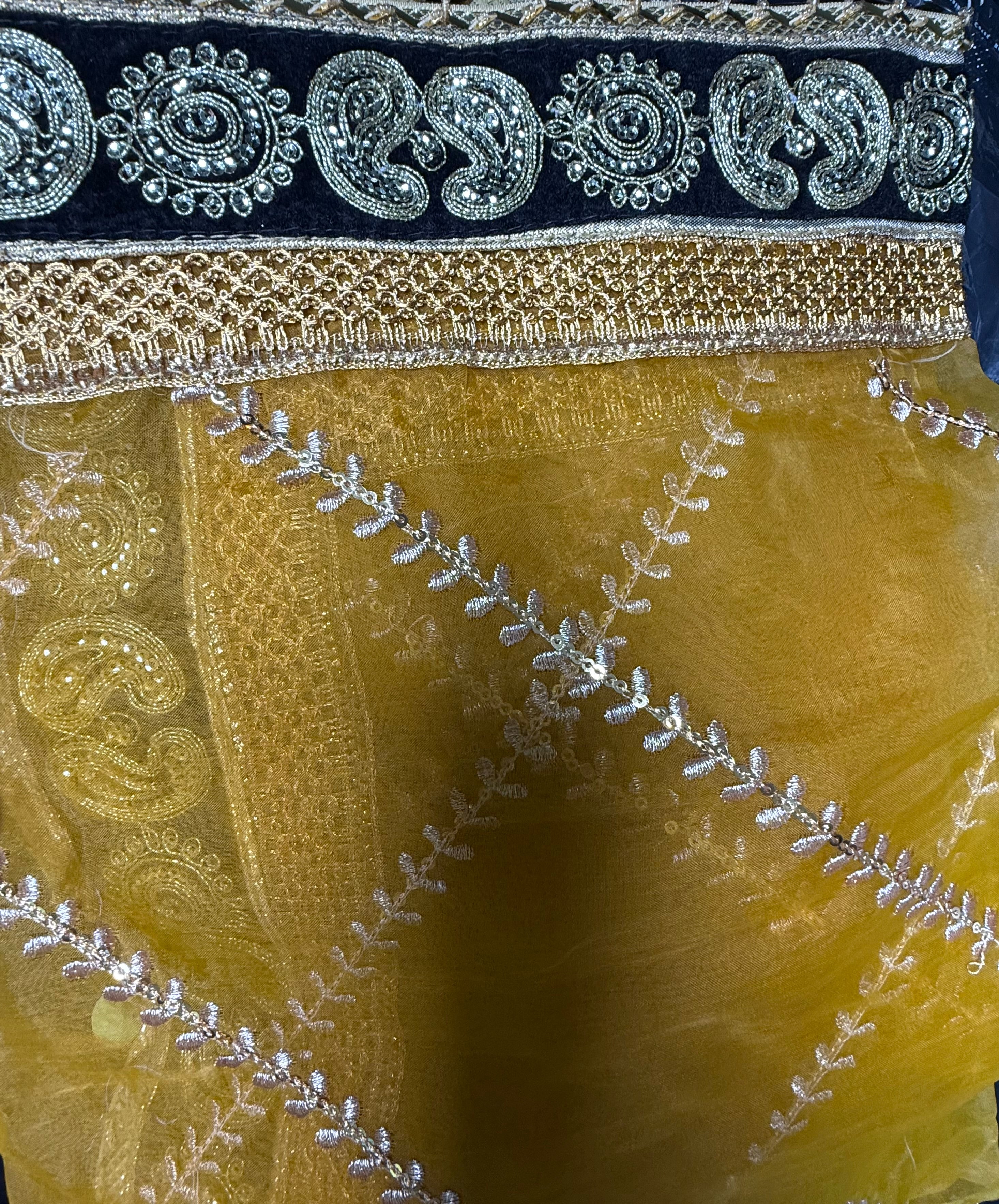 Mustard Organza Duptta With Embroidery And Coin Lace By Areeba'S Couture