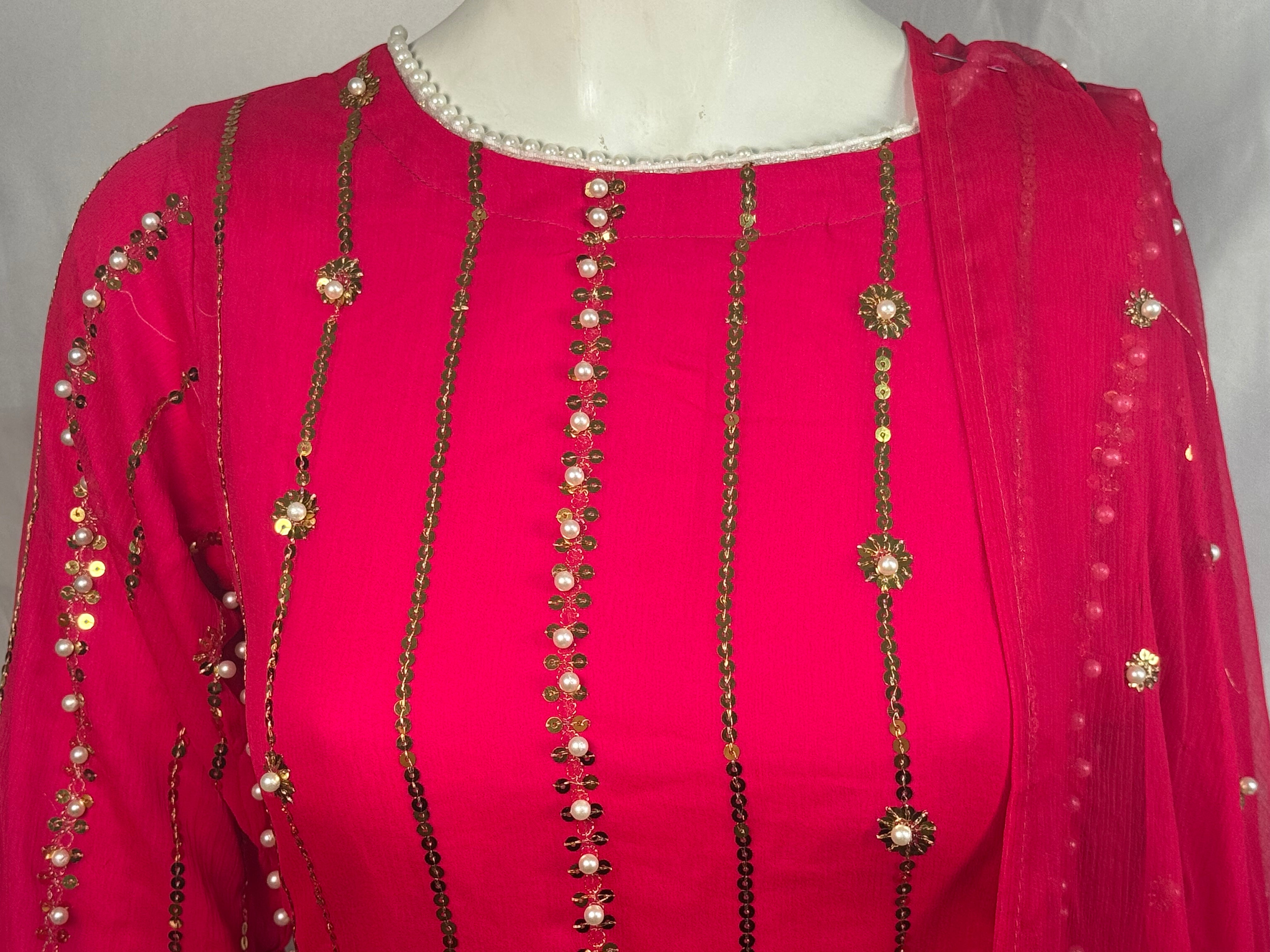 Ladies 3 Pcs Shocking Pink Garara Set With Embroidery And Beads Work (Including Shirt, Garara And Duptta ) Lgs-4