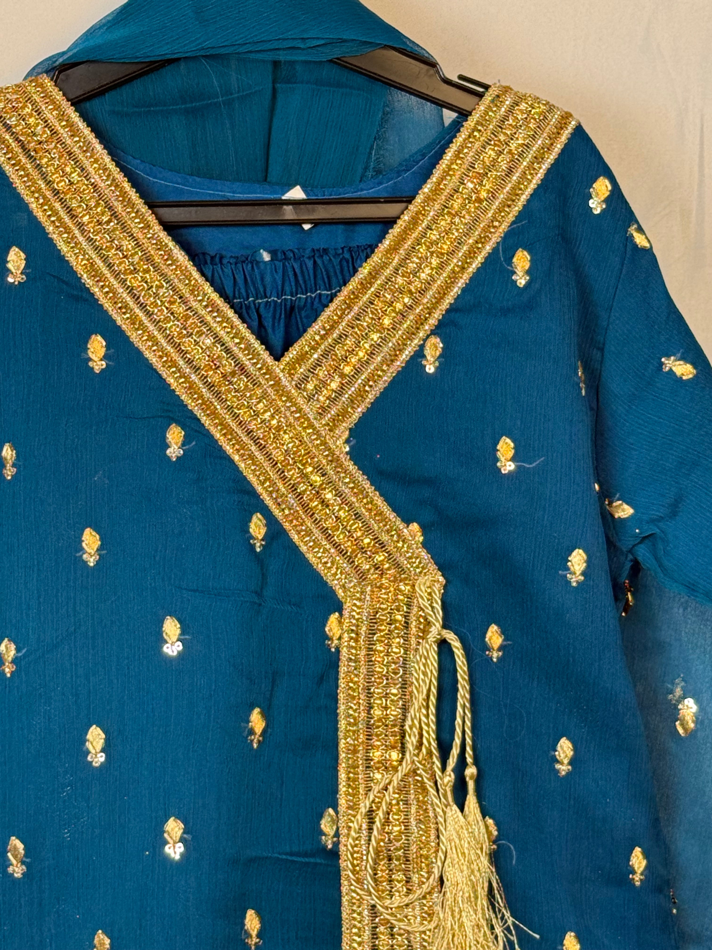 Girls Teal Blue Chiffon Angrakah Style Shirt & Garara Set With Emobidary On Shirt (3 Piece) Gcgs-9