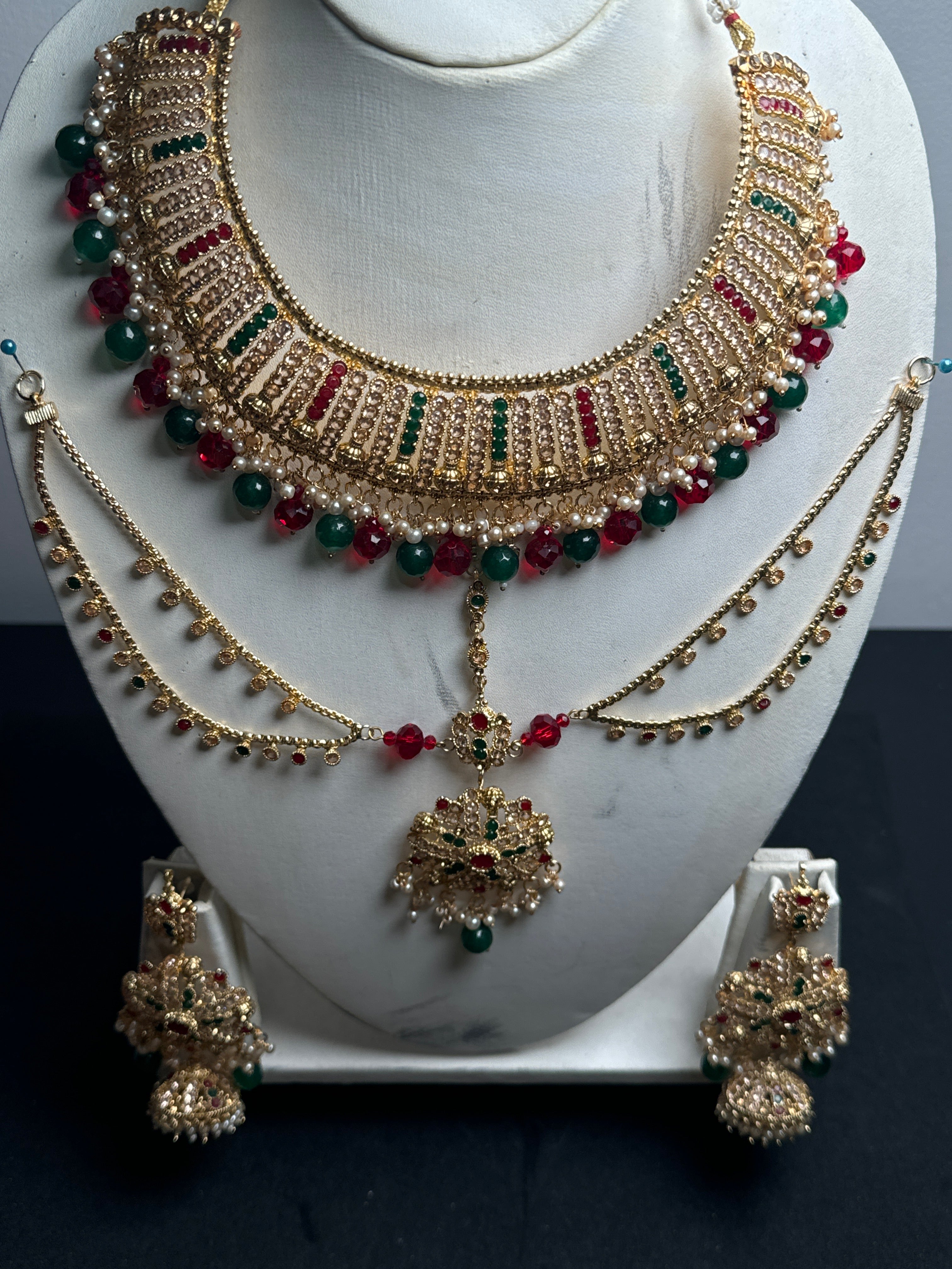 Gold colour Jewellery set with necklace,  earrings and Matha pitti with multi colours pink pearls  -JS49