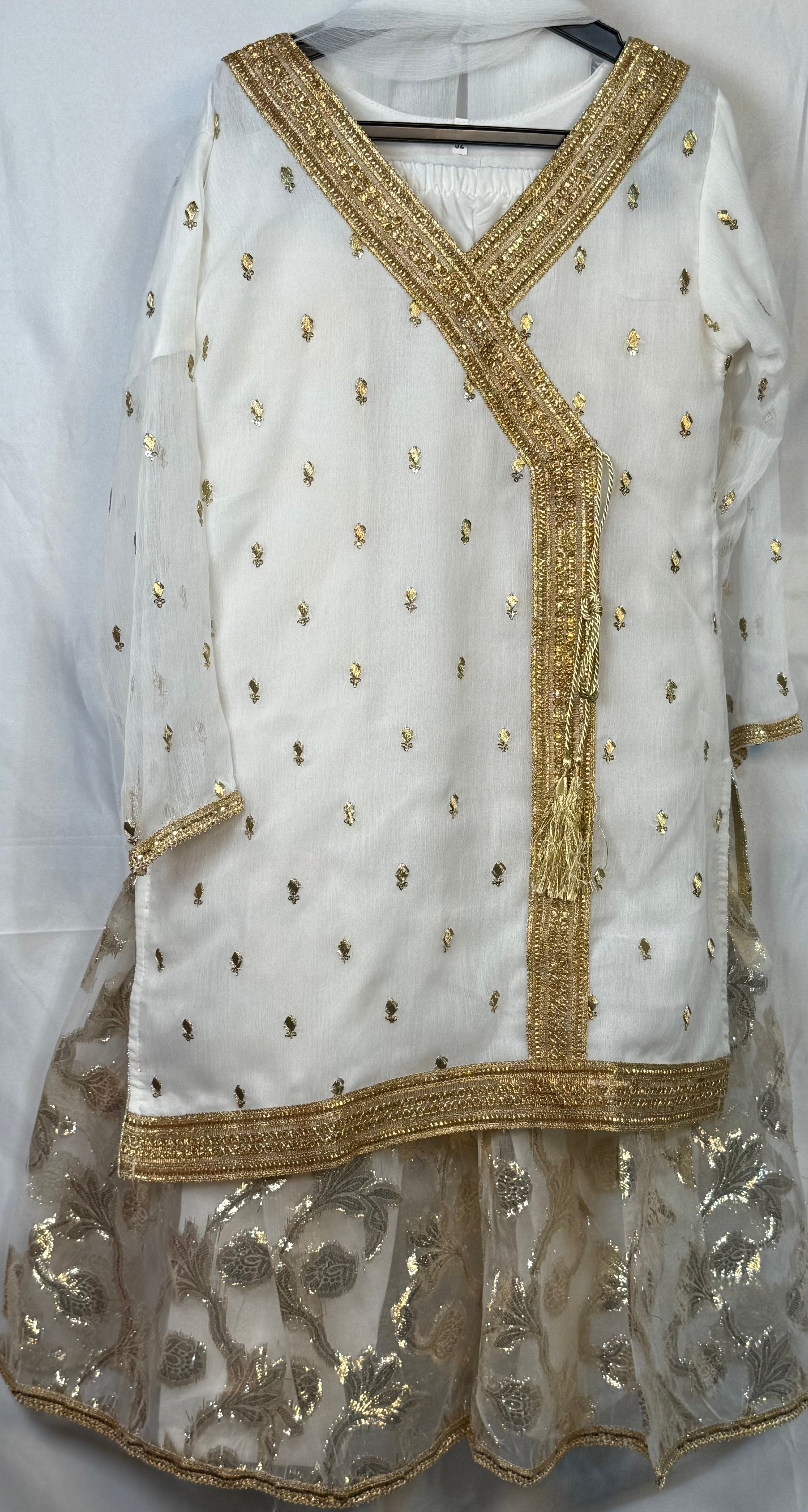 Girls White & Gold Chiffon Angrakah Style Shirt & Garara Set With Emobidary On Shirt (3 Piece) Gcgs-13