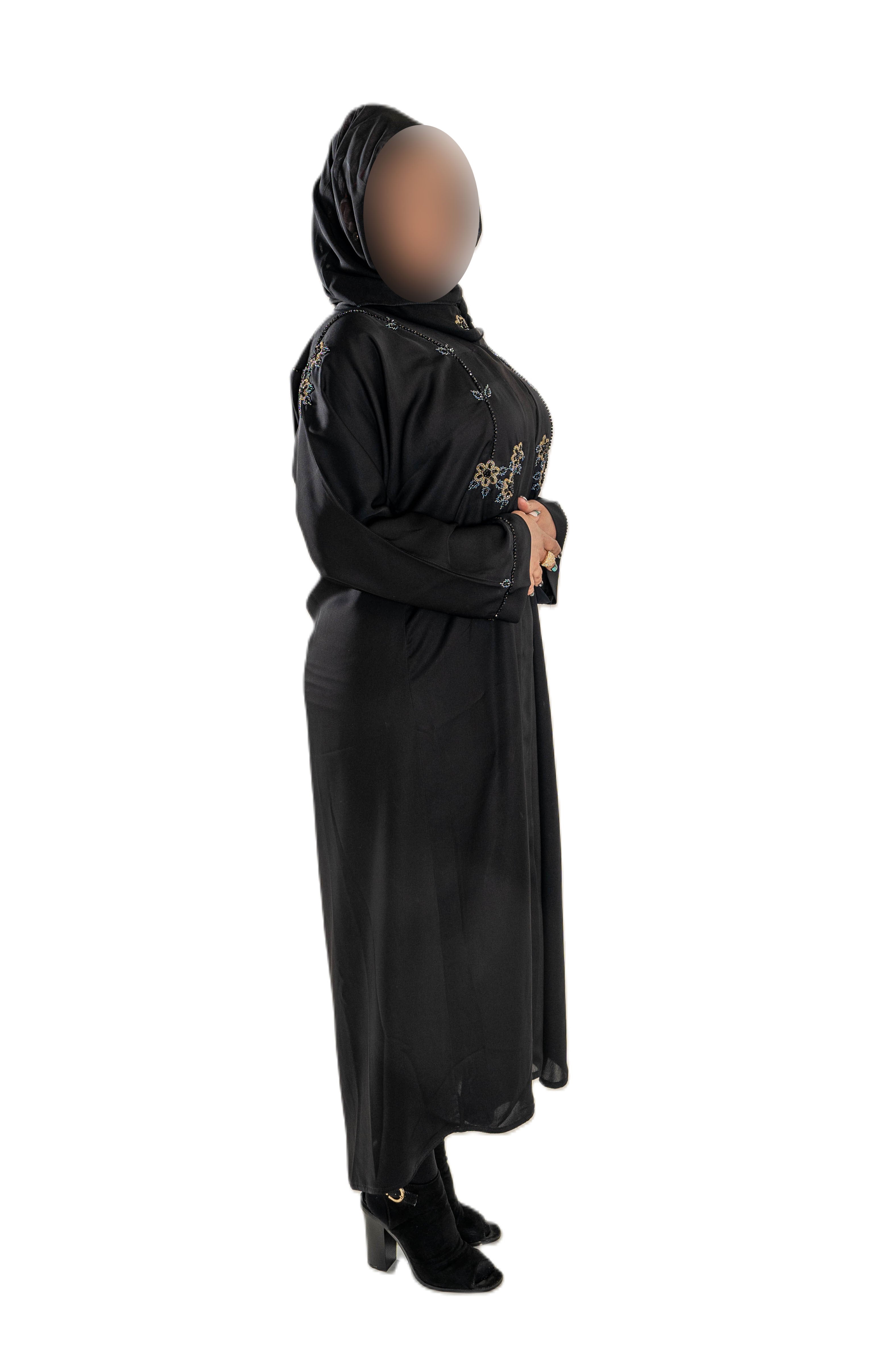 Grey and gold cut dana on black abaya