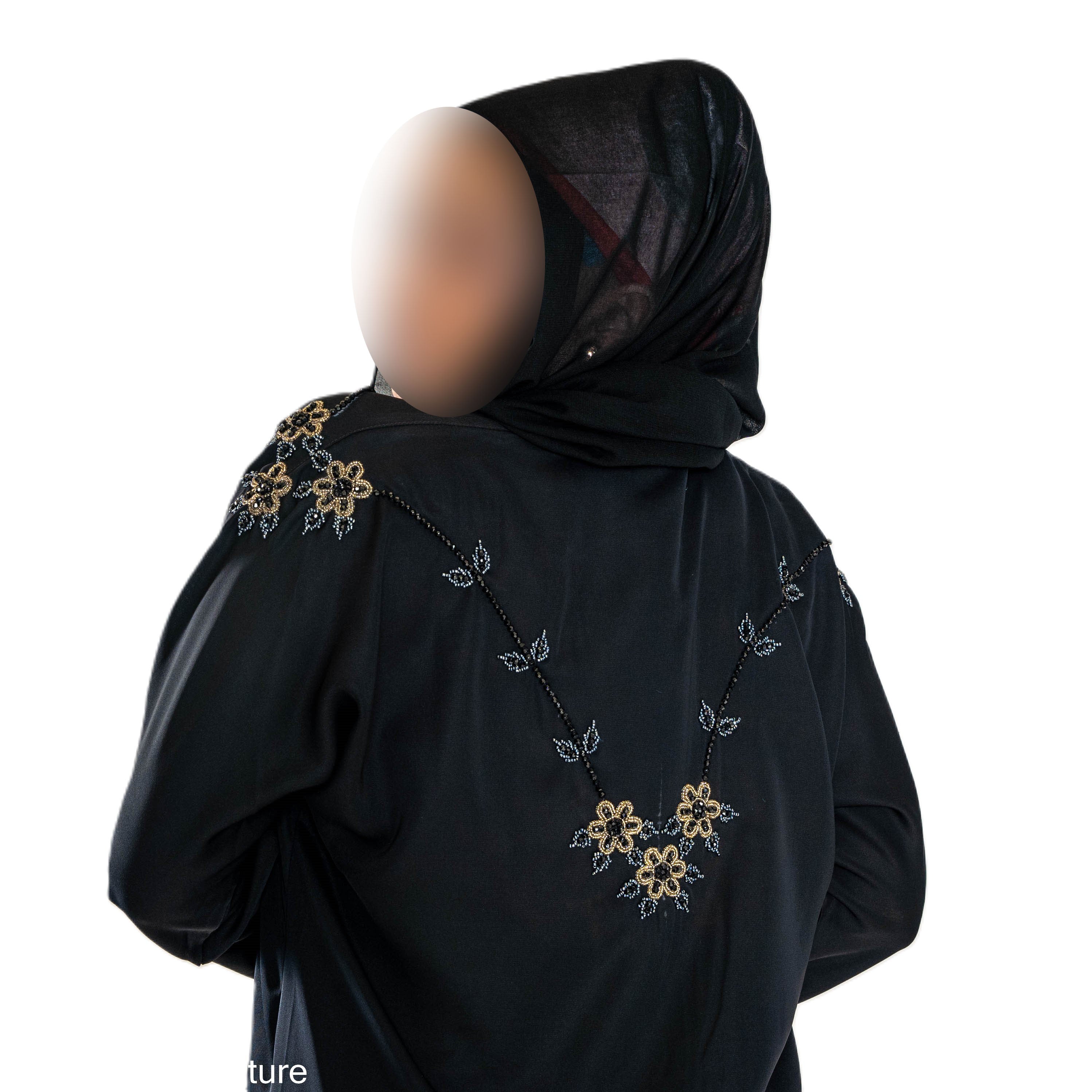 Grey and gold cut dana on black abaya