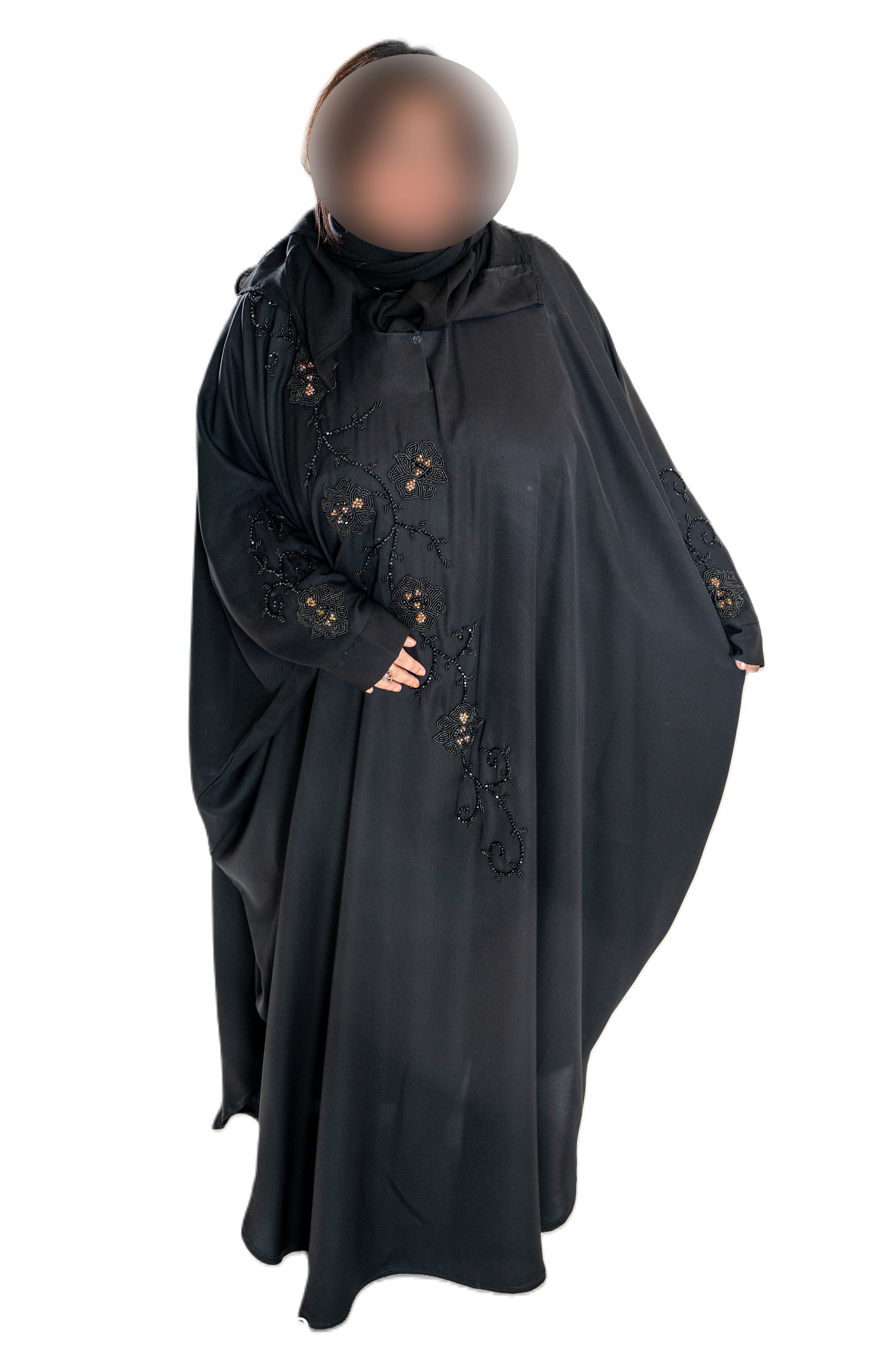 Embroidered and rose gold pearls on black abaya