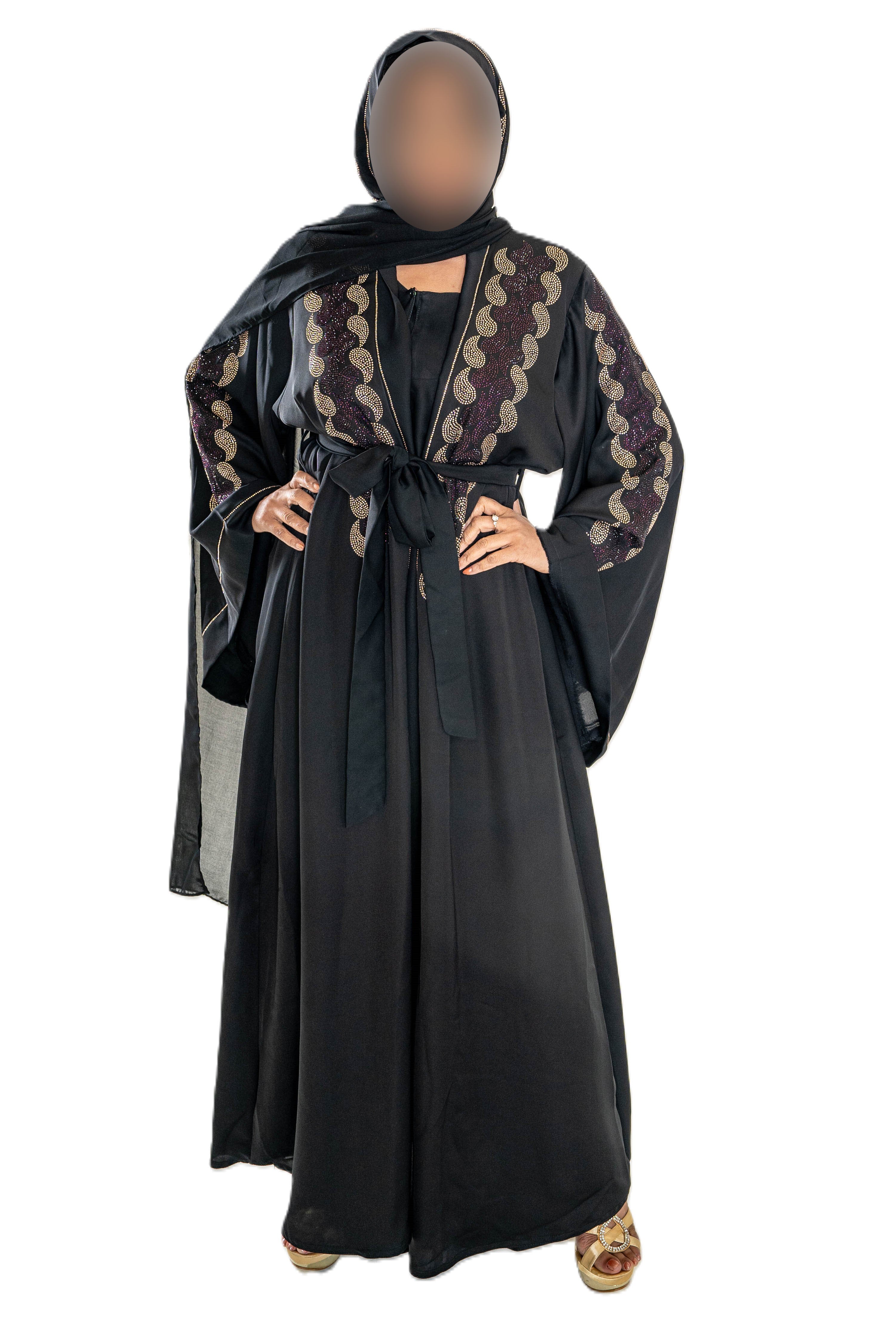 Maroon and gold DMC work on black abaya