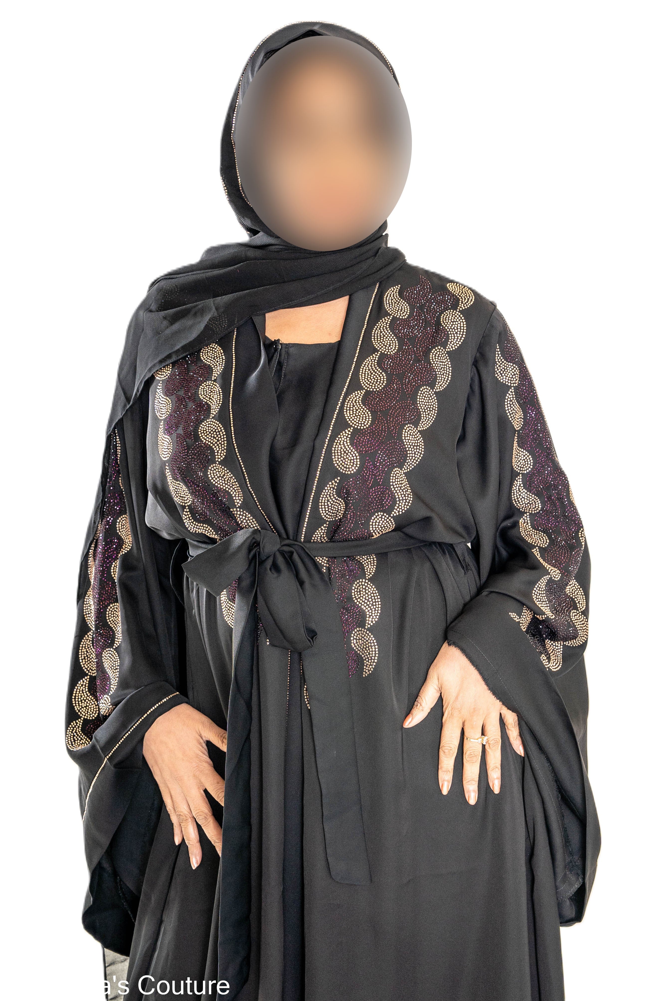 Maroon and gold DMC work on black abaya