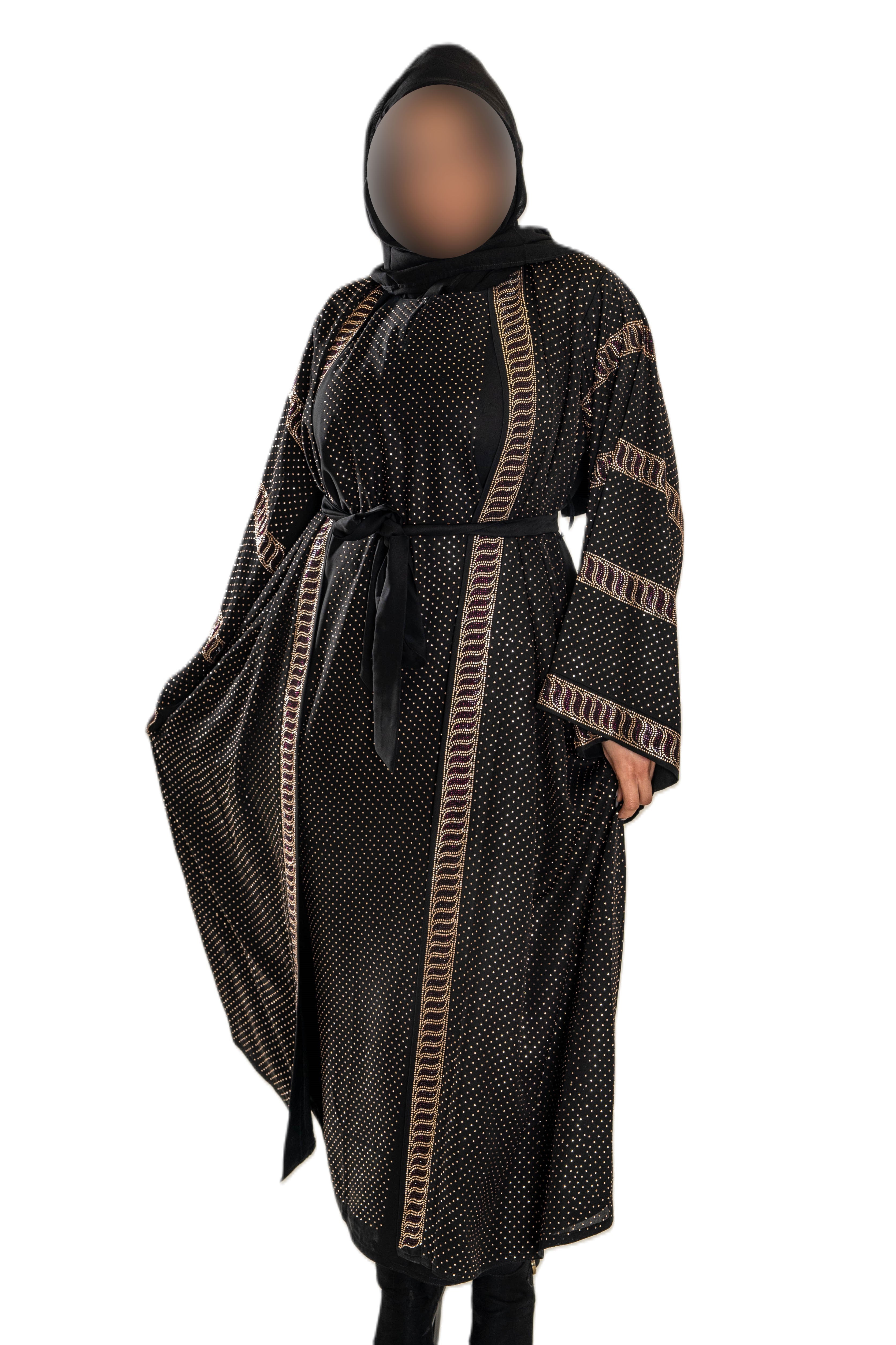 Full front Maroon and gold DMC work on black abaya