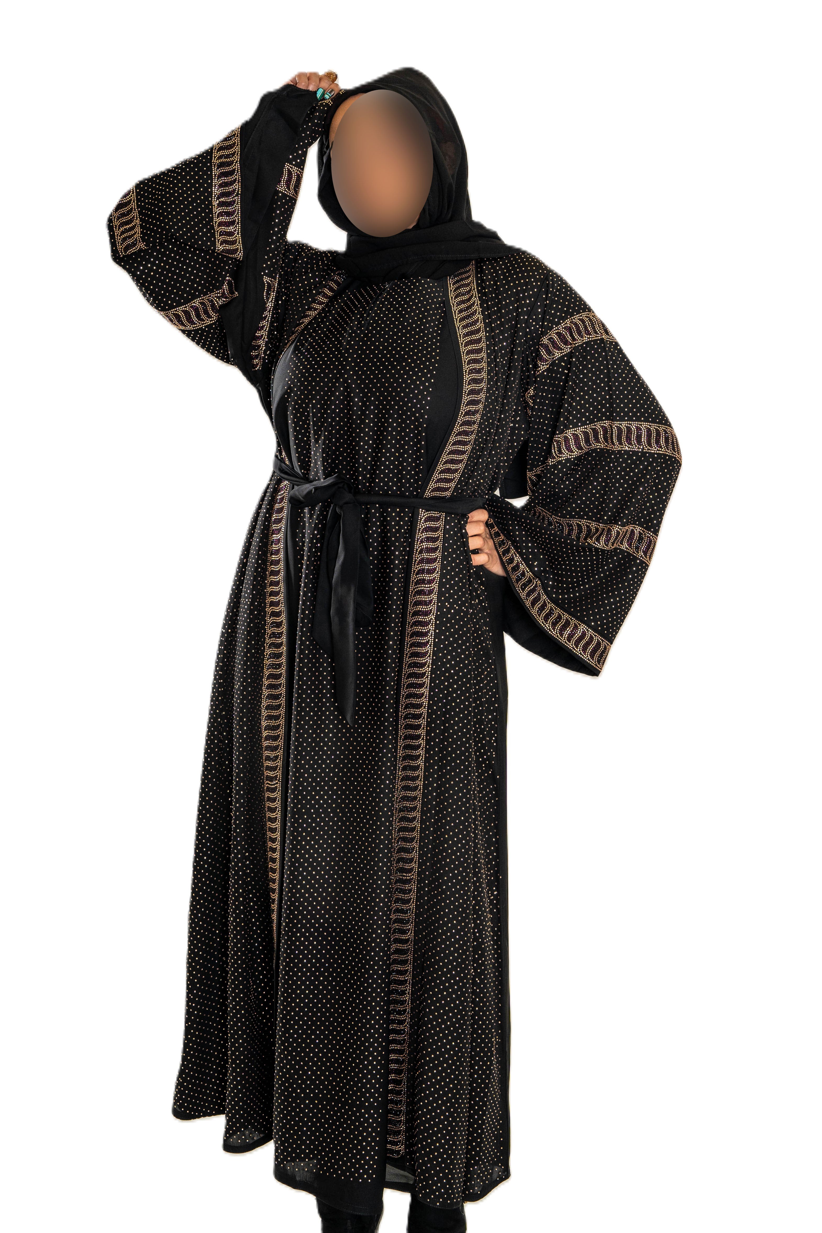 Full front Maroon and gold DMC work on black abaya