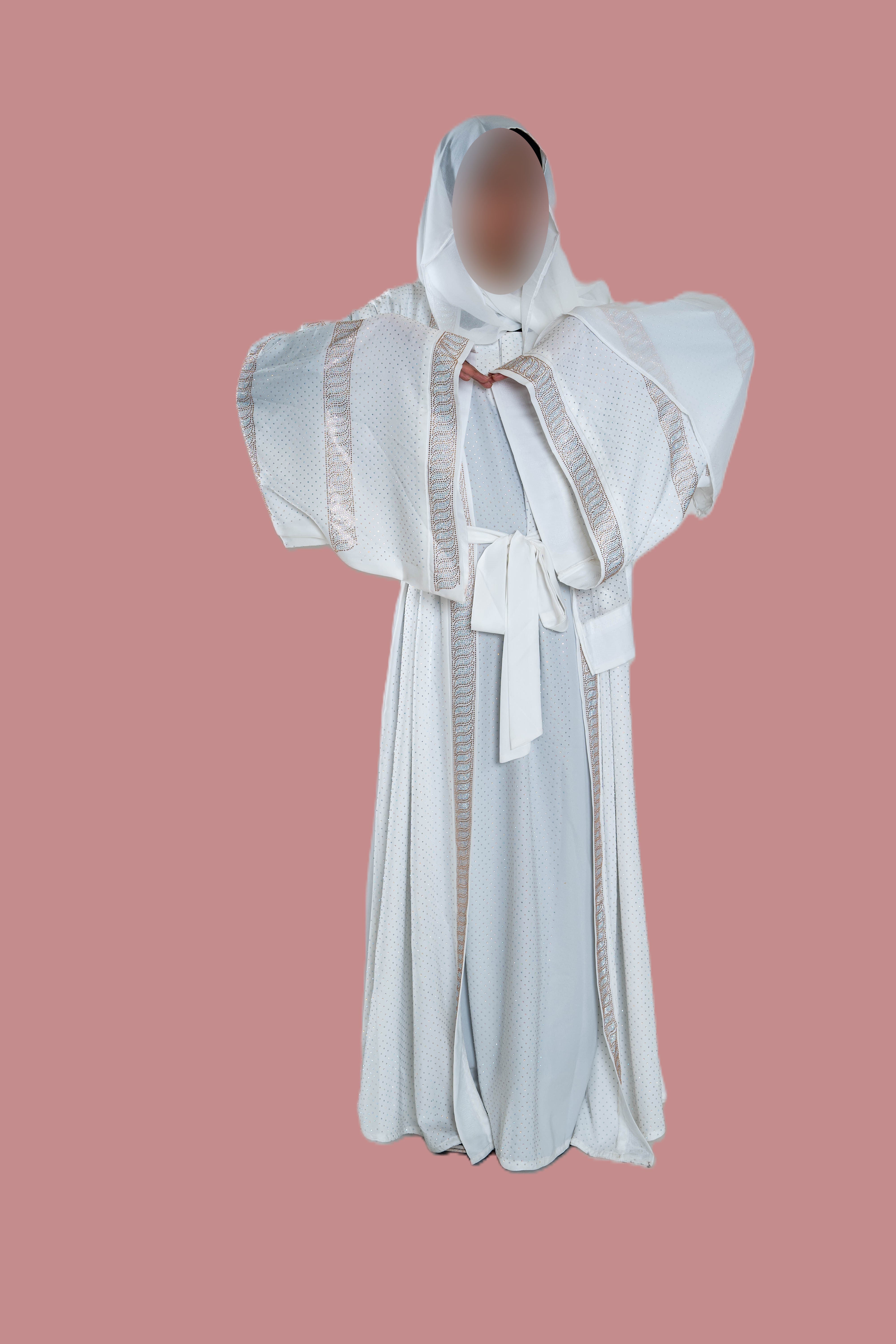 White DMC abaya open front double abaya