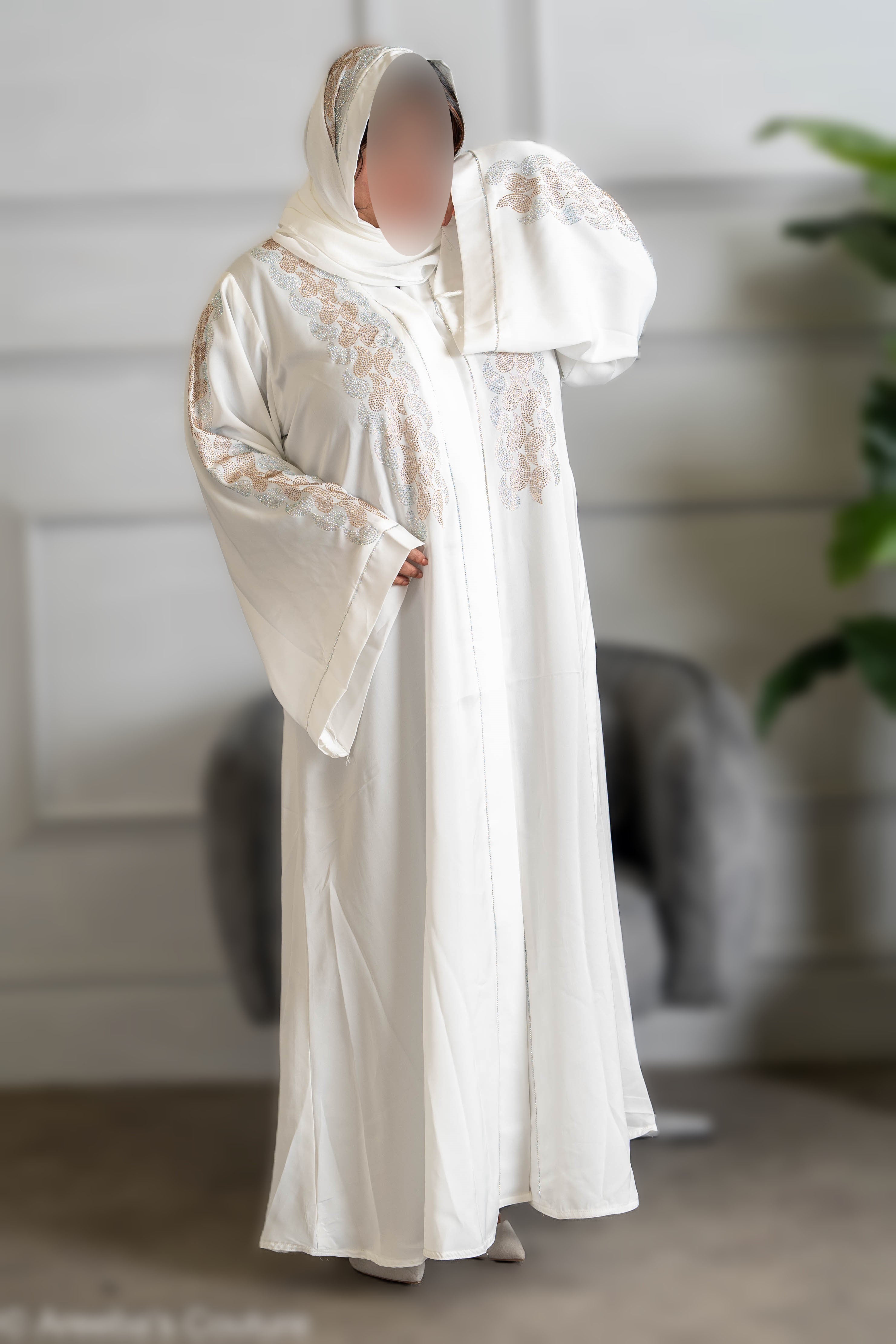 white abaya with DMC work