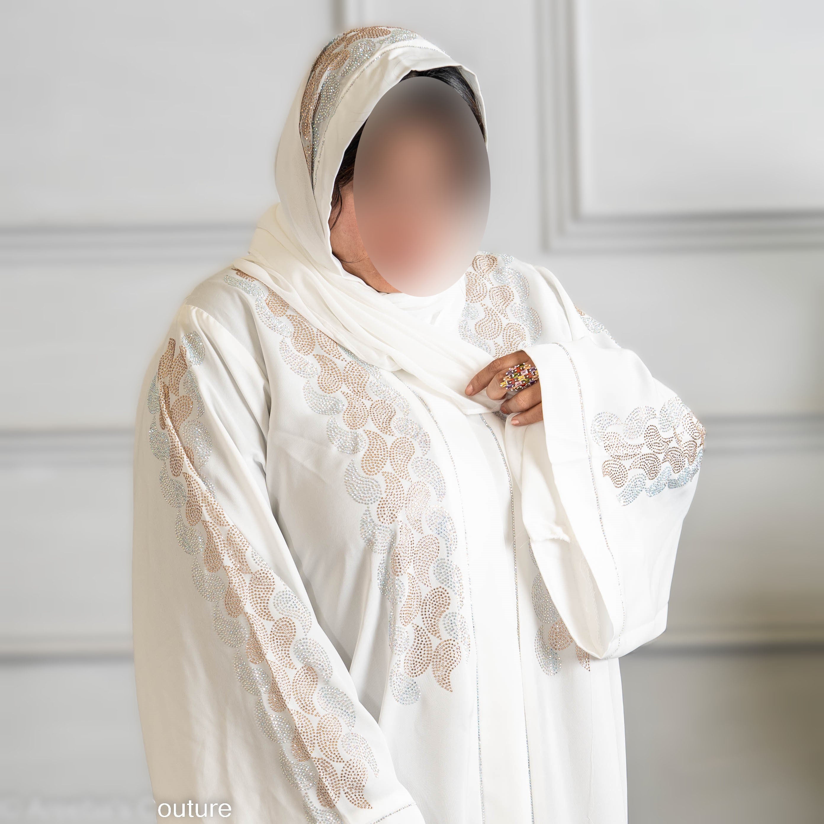 white abaya with DMC work