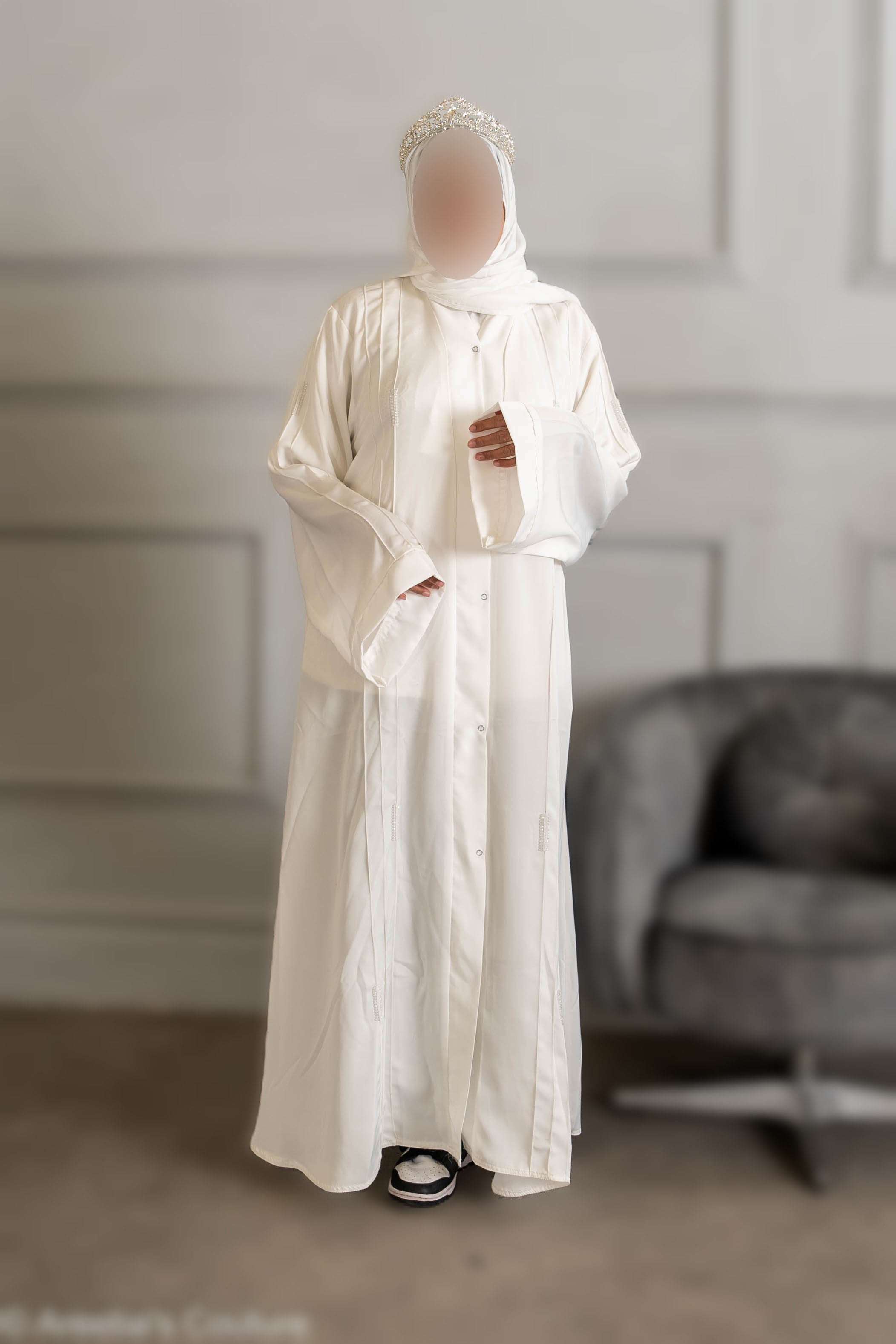 Pleated white with pearl work abaya