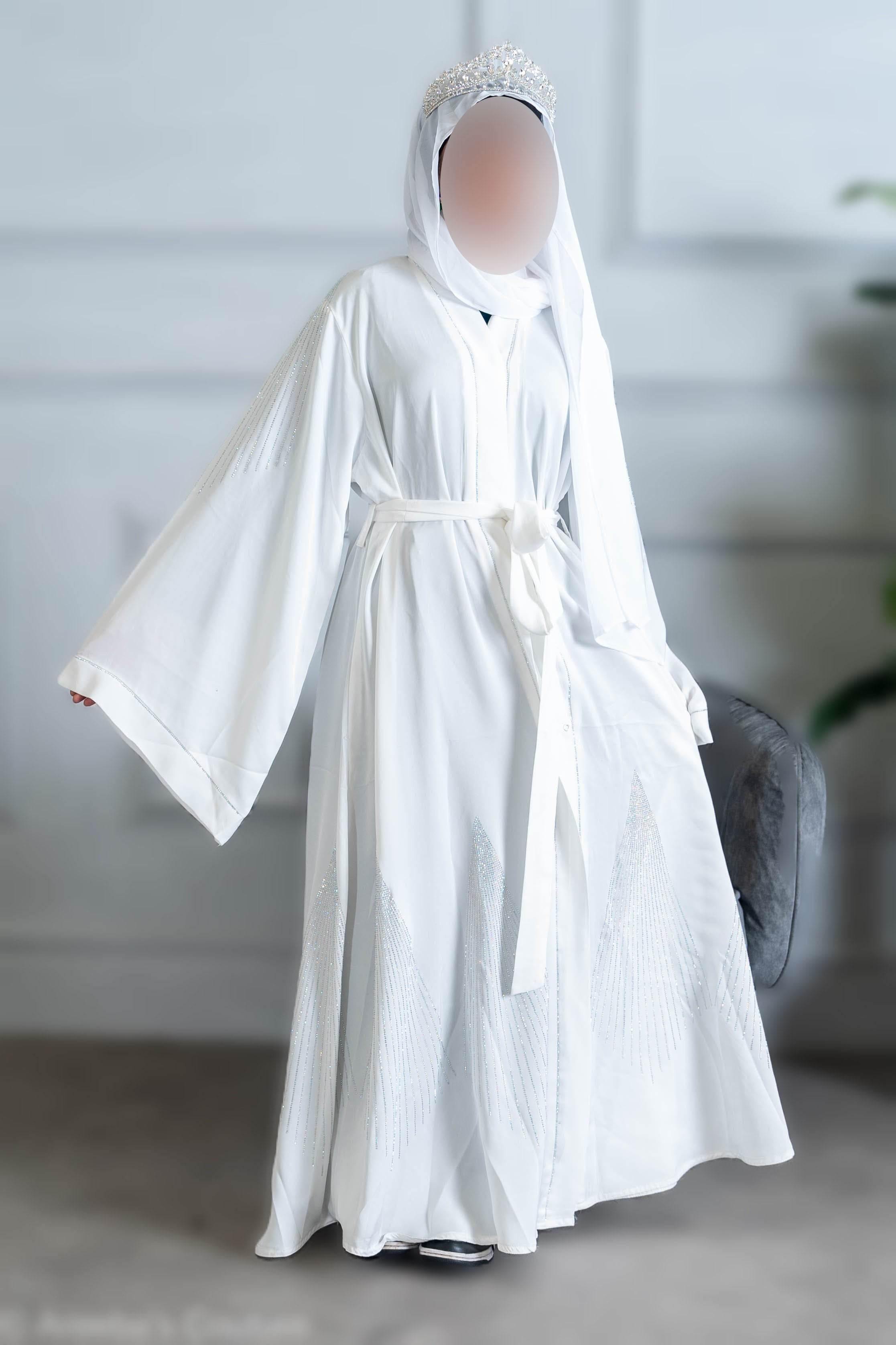 White abaya white DMC on daman