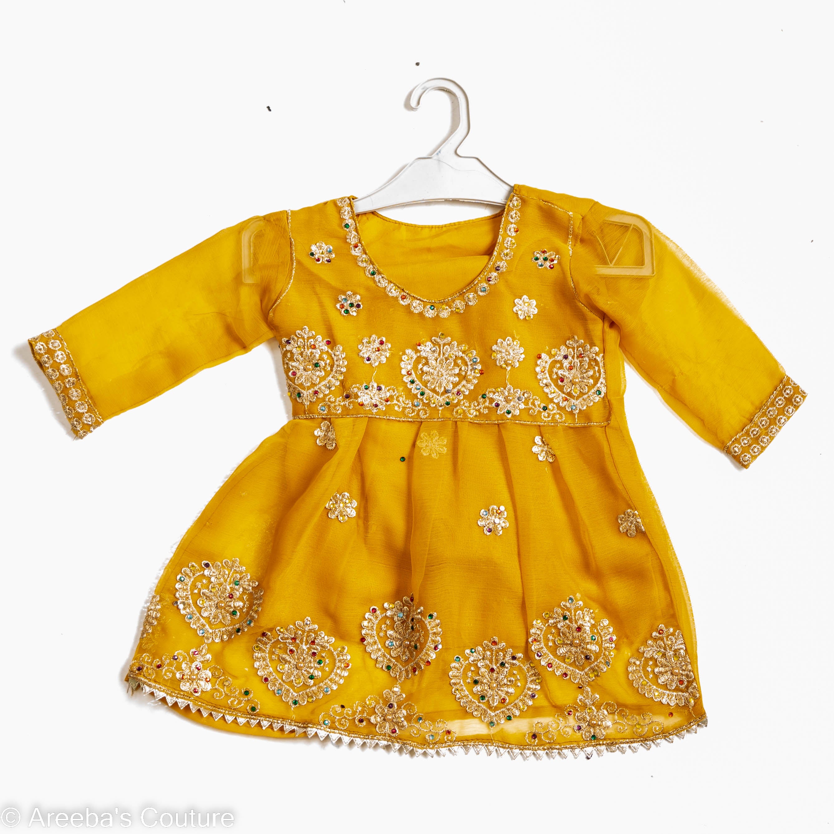 Mustard chiffon frock with embellishments