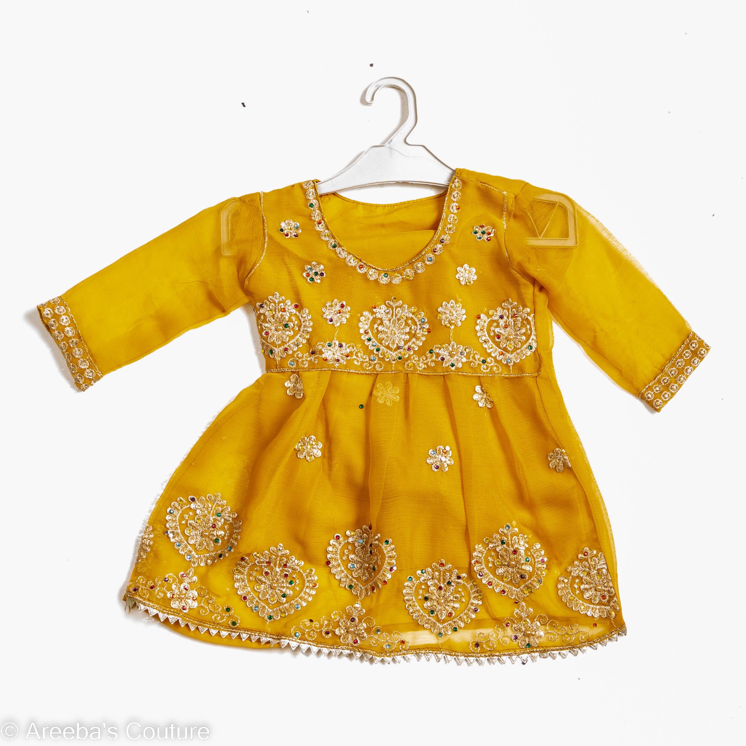 Mustard chiffon frock with embellishments