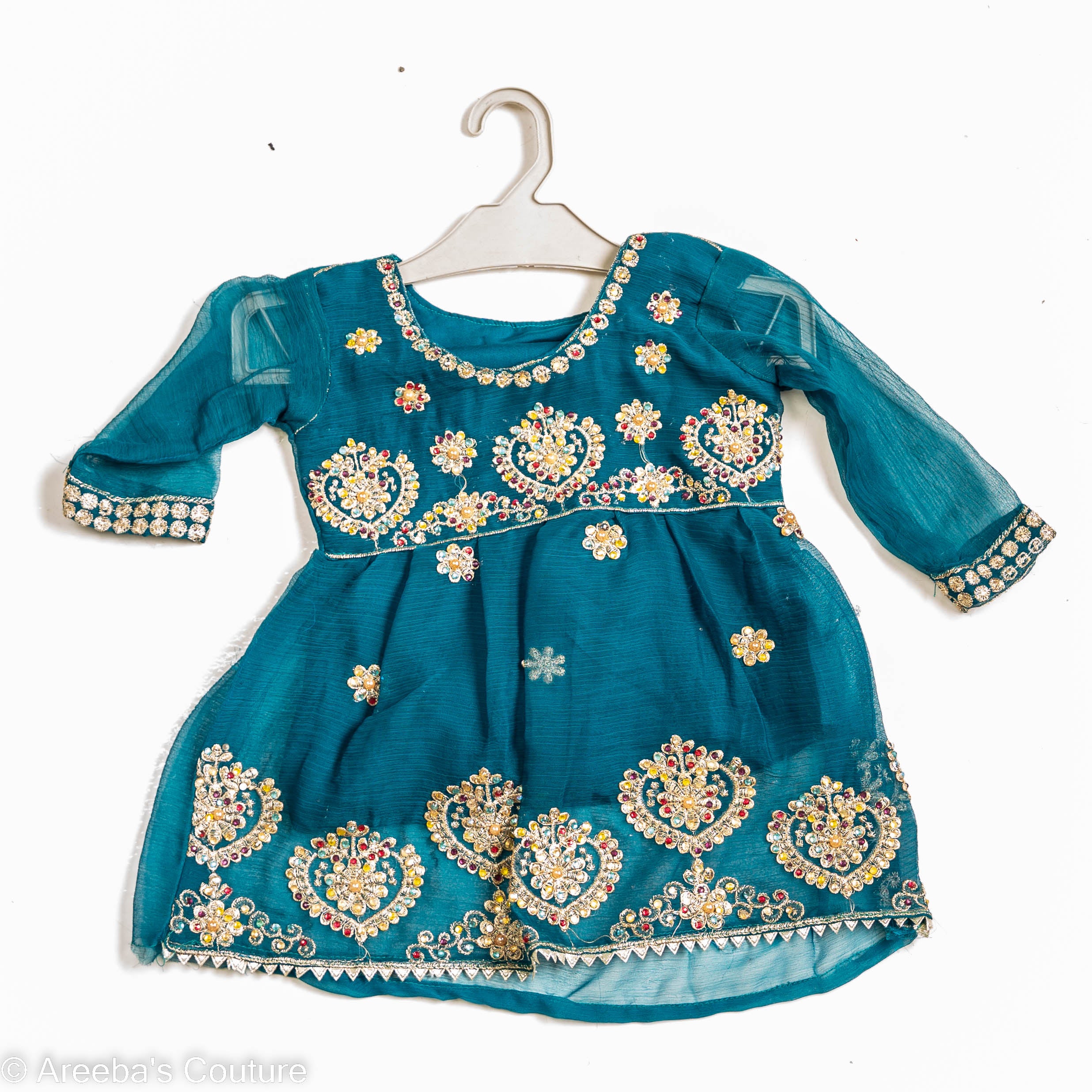 Teal chiffon frock with embellishments