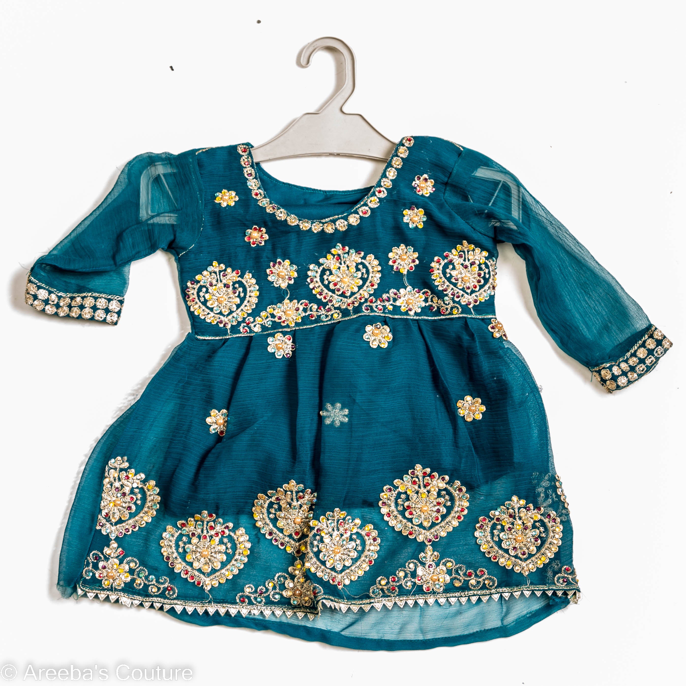 Teal chiffon frock with embellishments