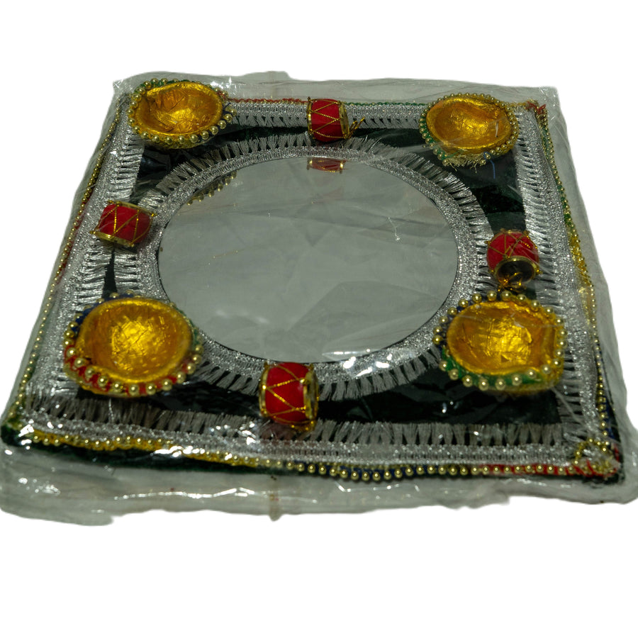 Square mehndi tray with mirror silver