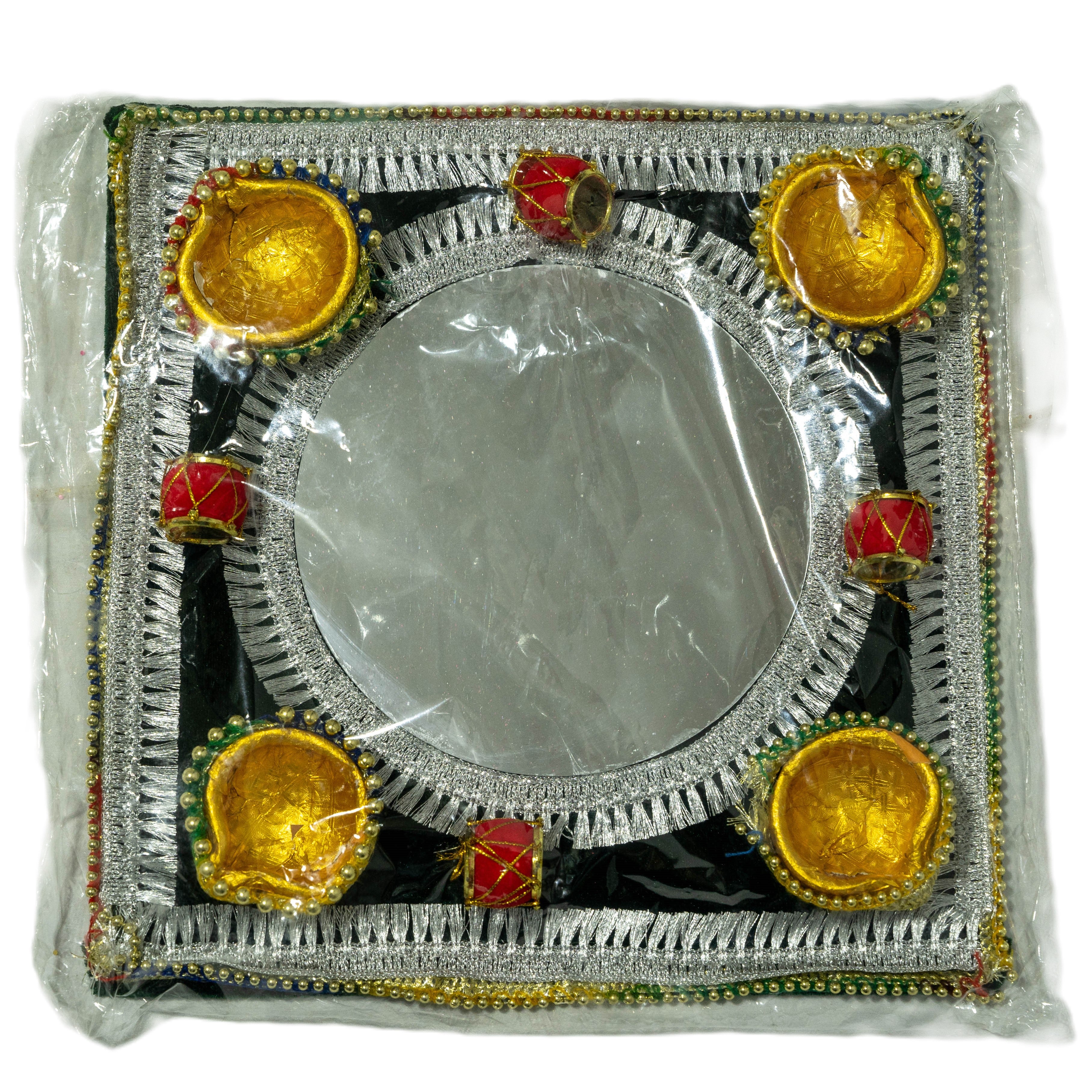 Square mehndi tray with mirror silver