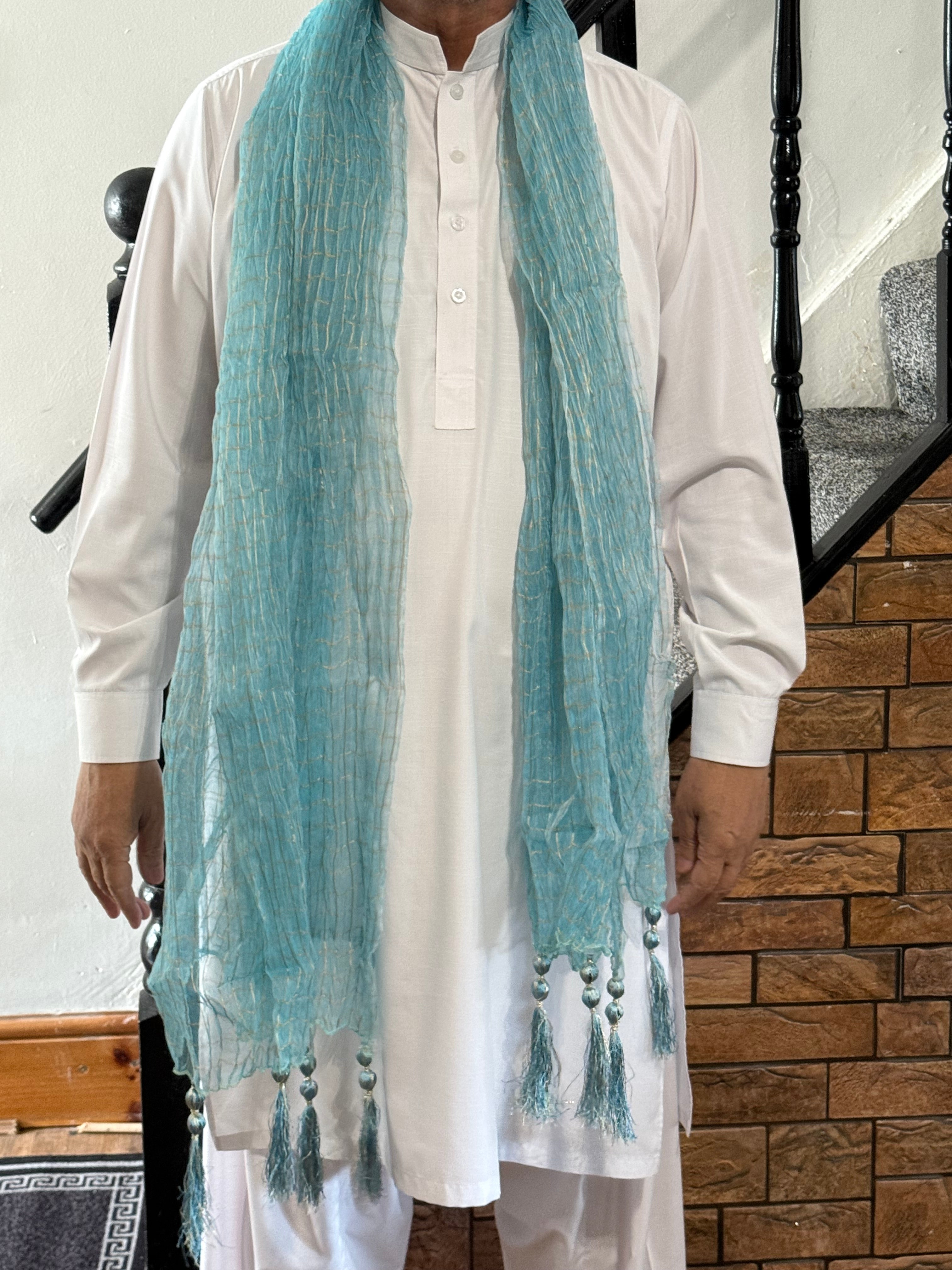 Mehndi Dupatta For The Lads In Aqua Blue Colour With Tussles