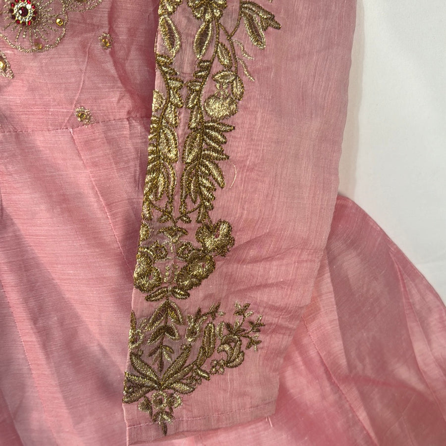 Girls pink cotton frock dress with gold trouser- Areeba's Couture