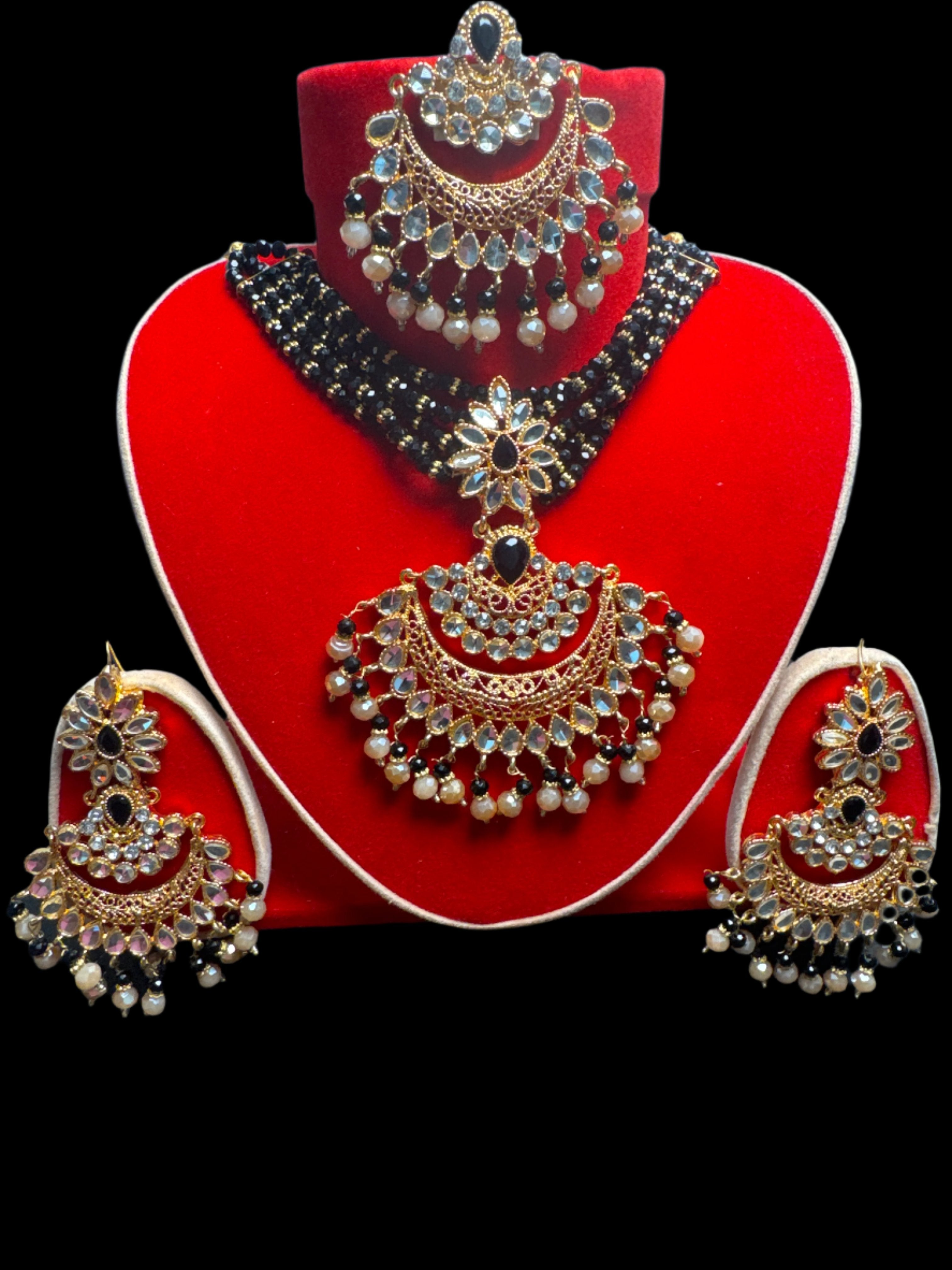 Gold colour Jewellery set with necklace,  earrings and Teeka  with black & gold  pearls  -KS8