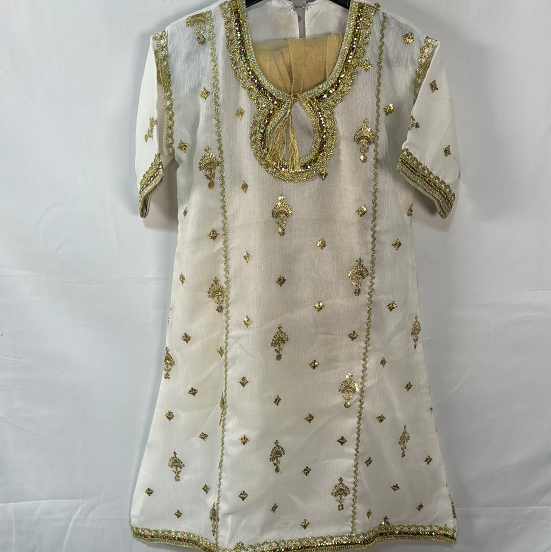 White chiffon shirt with matching gold trouser