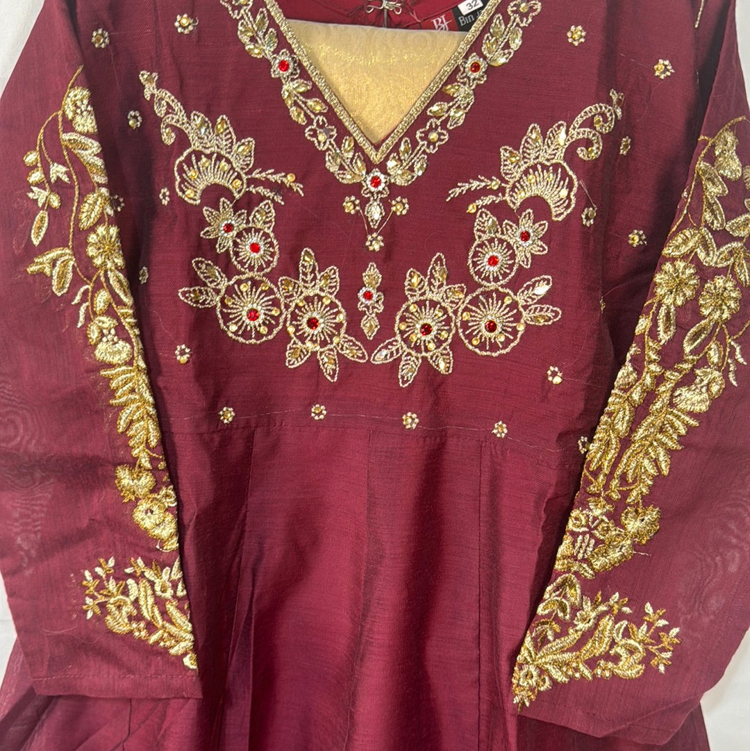 Girls maroon cotton frock dress with gold trouser- Areeba's Couture