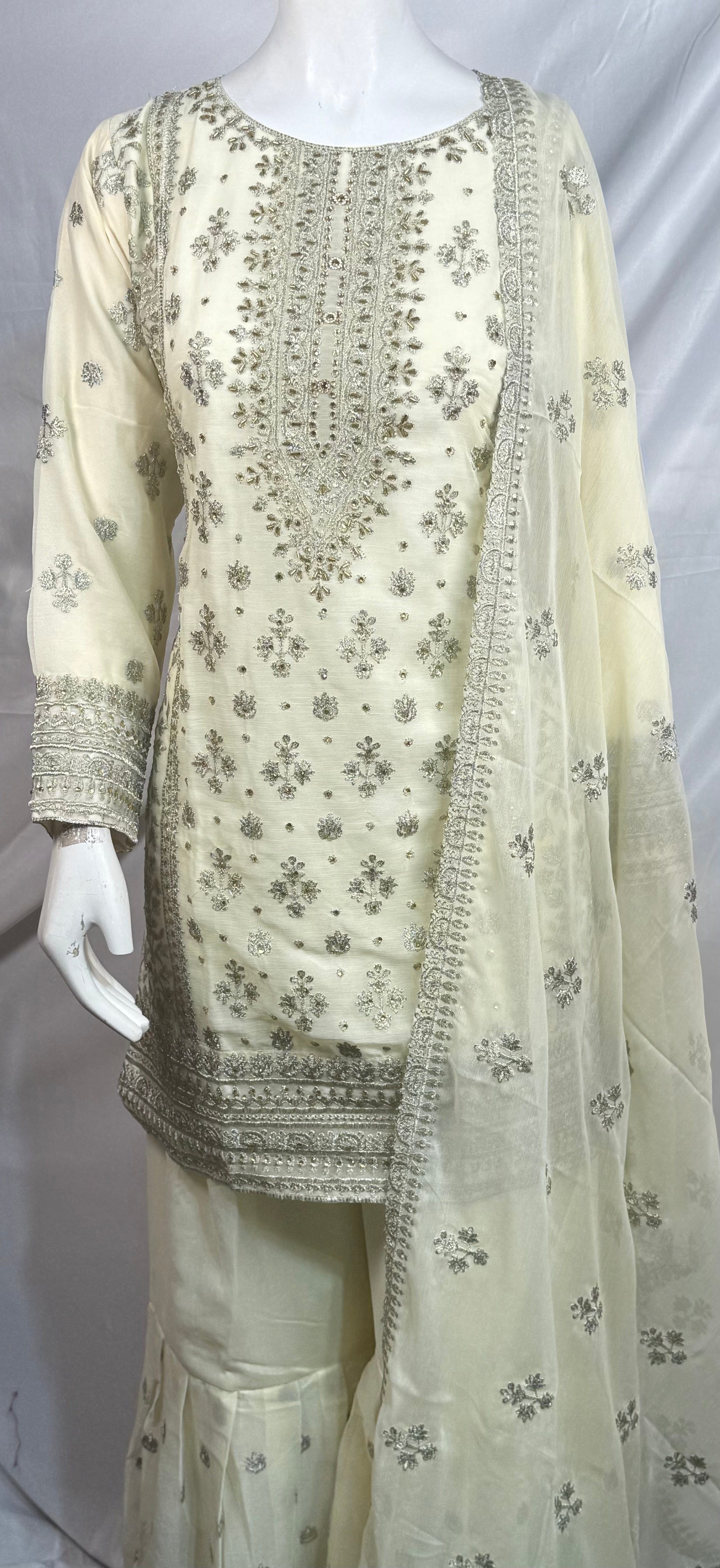 Ladies 3 Pcs Cream Colour Garara Set With Embroidery And Beads Work (Including Shirt, Garara And Duptta