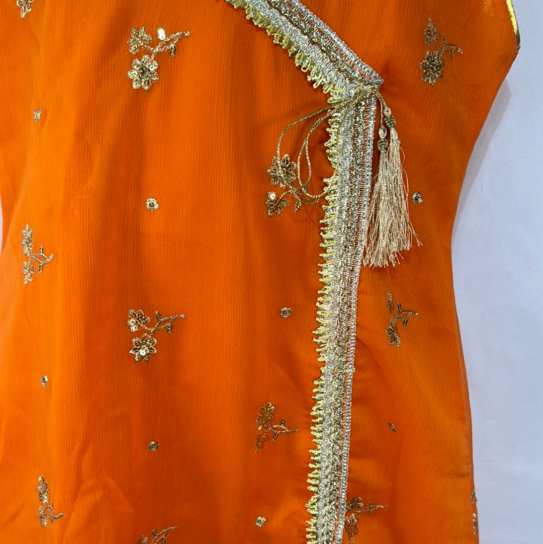 Girls orange chiffon shirt with gold trouser