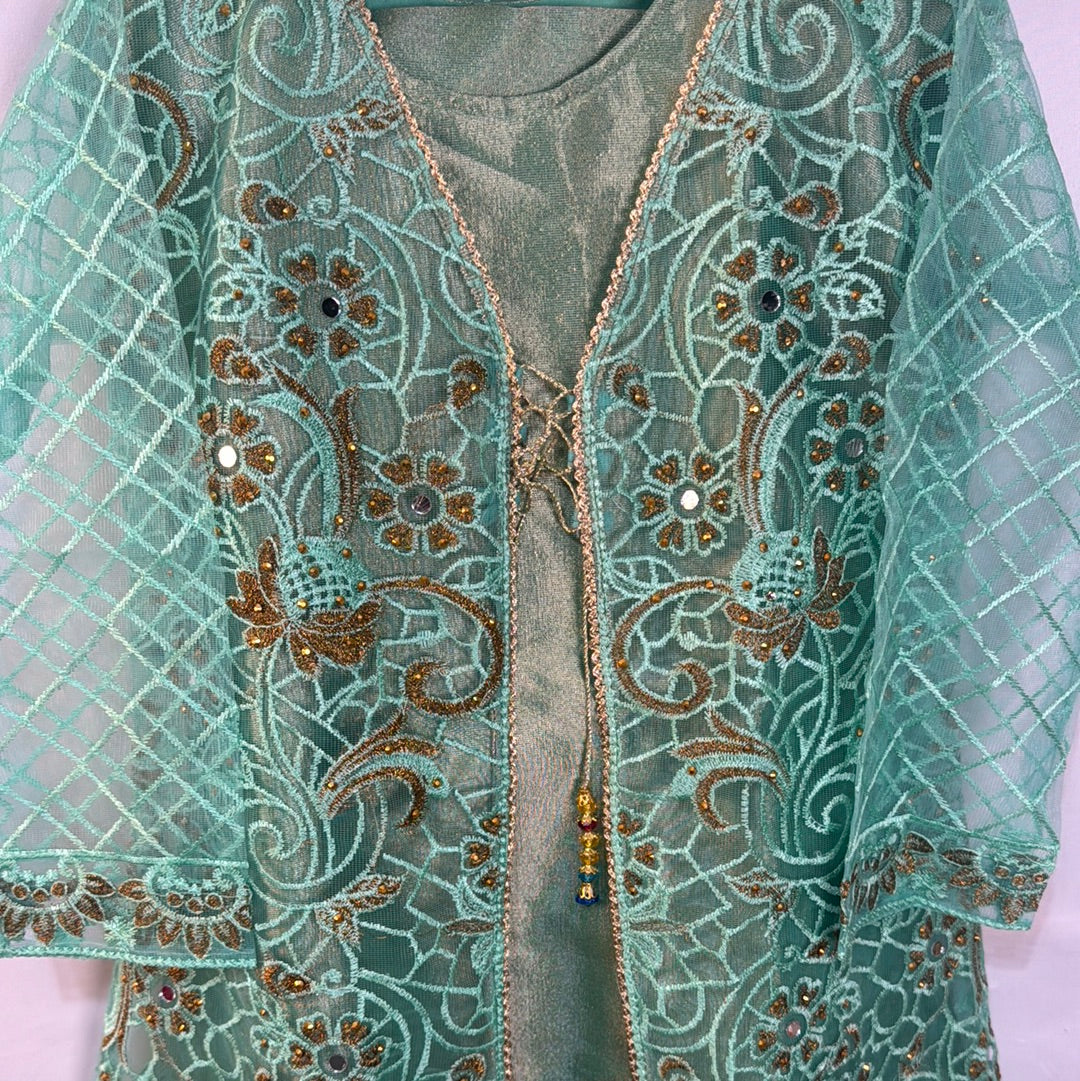 Gown style  Pakistani shalwar suit in sage green